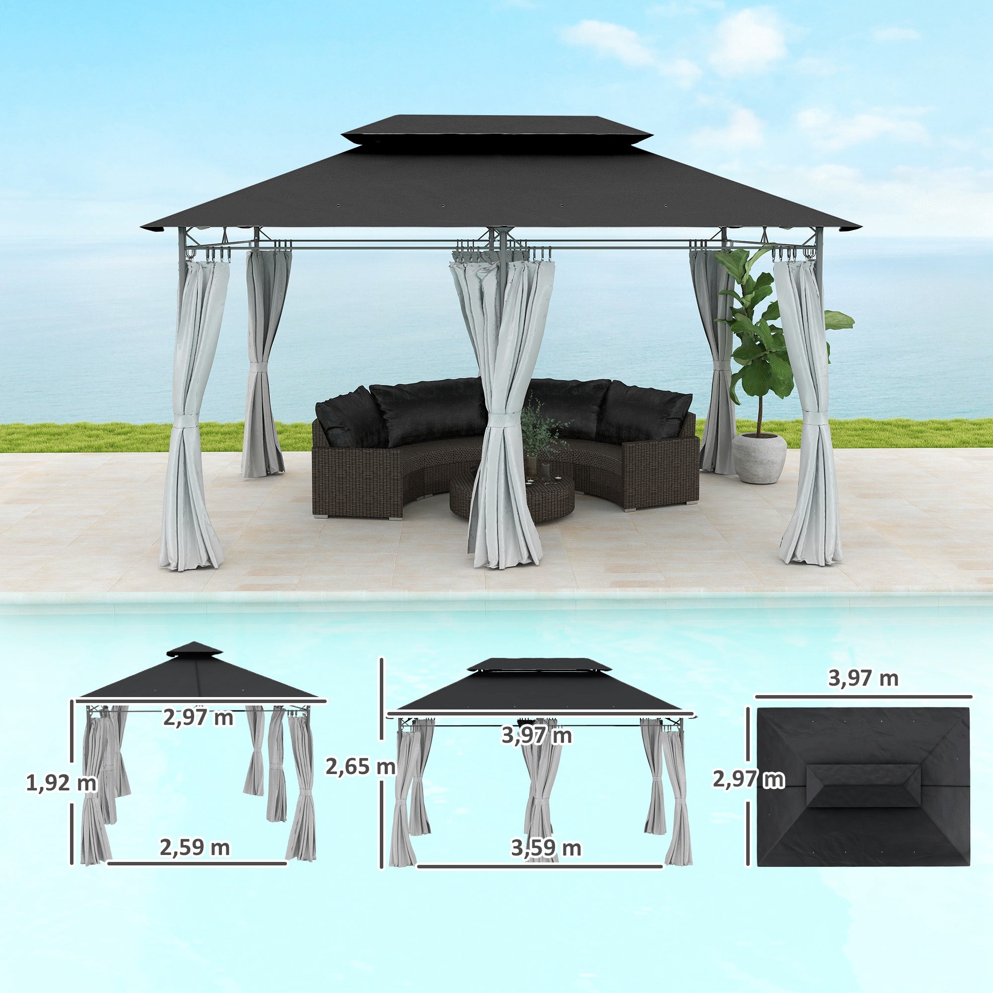 Outsunny Cenador para Jardín 4x3 m Pérgola de Jardín Gazebo con Doble Techo Paredes Laterales Resistente al Agua Carpa para Exterior Terraza Patio Gris Oscuro