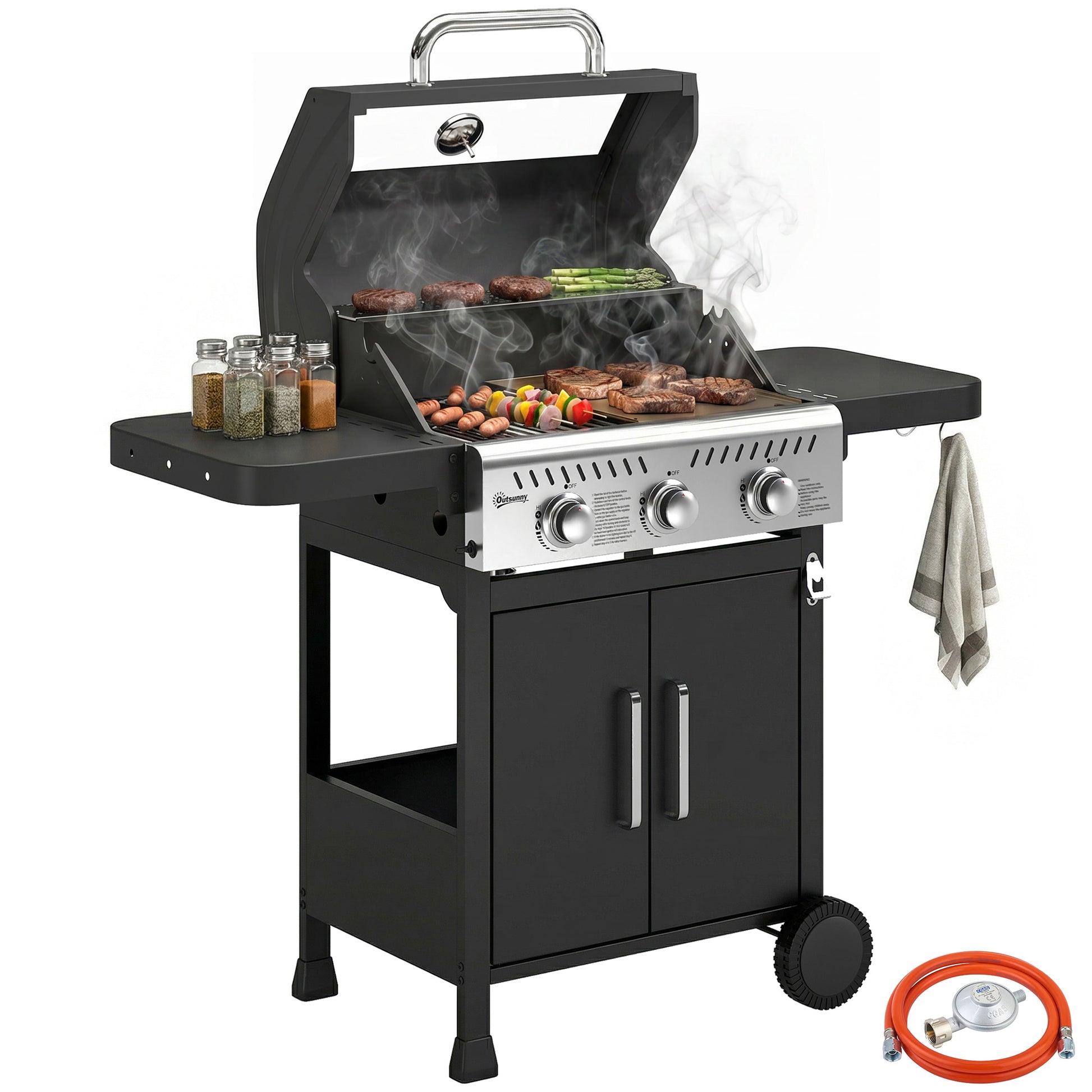 Outsunny Barbacoa de Gas BBQ Gas Portátil con 3 Quemadores 7,5 kW Termómetro Mesas Laterales Plegables Armario Rejilla Calentadora Parrilla Plancha Tapa con Ventana Recogedor y Recipiente Grasa Ruedas