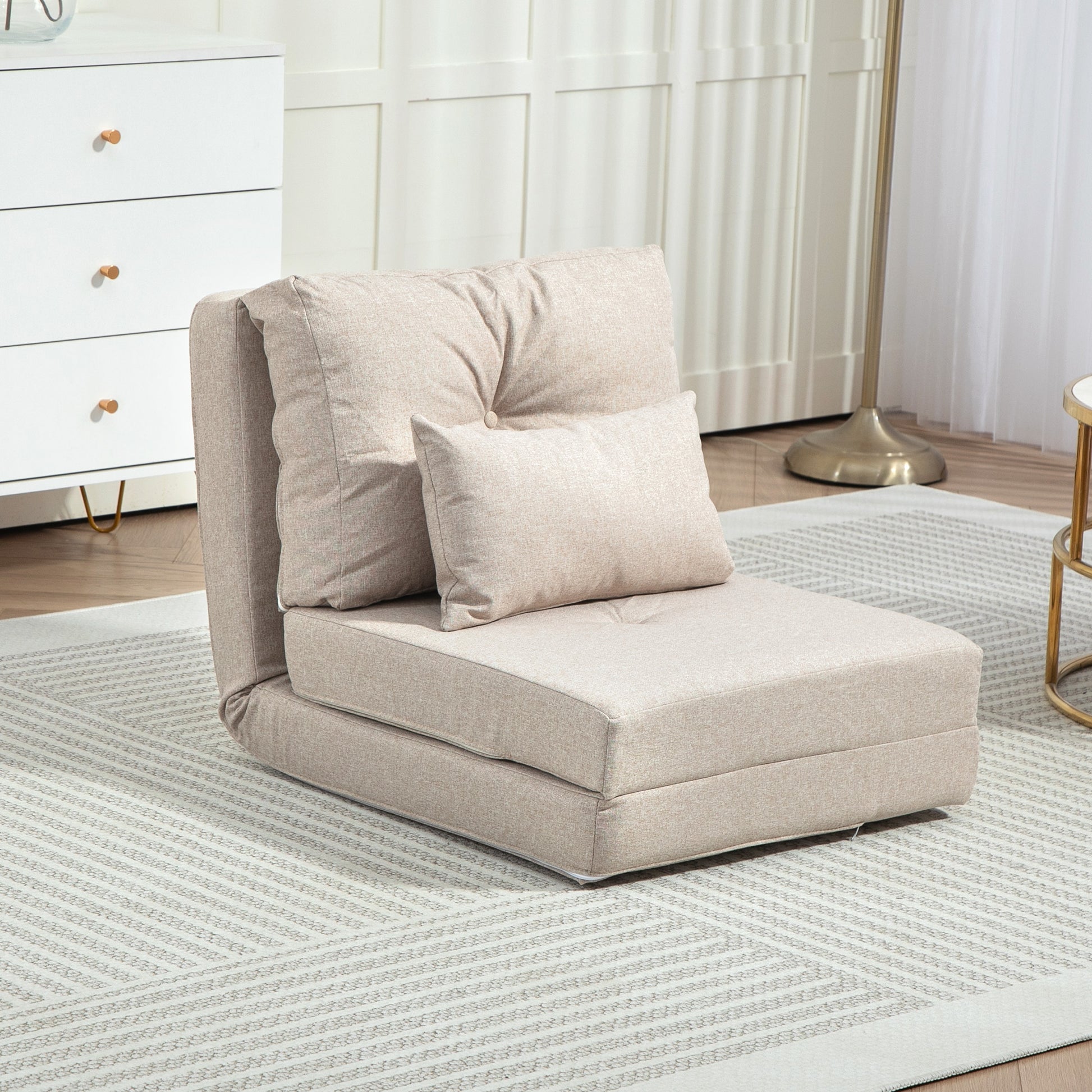HOMCOM Sofá Cama Individual Plegable 3 en 1, Sofá Cama, Tapizado en Lino, con Respaldo Ajustable 5 Posiciones, Almohadas, Marco Metálico, para Dormitorio, Salón, Beige