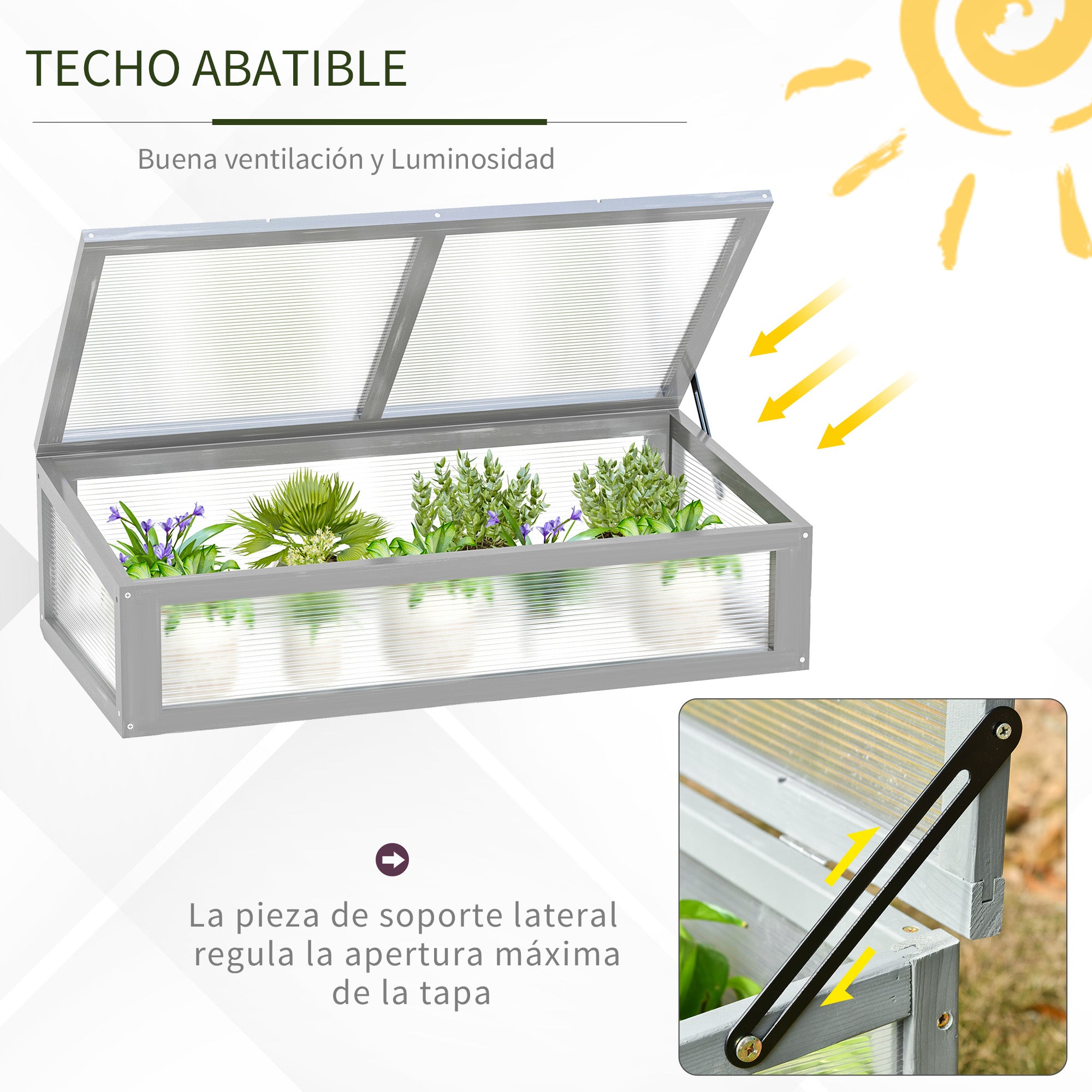 Outsunny Invernadero de Madera Natural y Policarbonato 90x46x28 cm con Tapa Inclinada Caseta de Plantas para Jardín Huerto Terraza Protección del Clima Gris