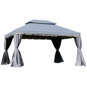 Outsunny Cenador de Jardín 4x3 m Gazebo de Aluminio con Techo de Ventilación 4 Cortinas Laterales 4 Mosquiteras y 8 Orificios de Drenaje para Fiestas Eventos Exterior Gris