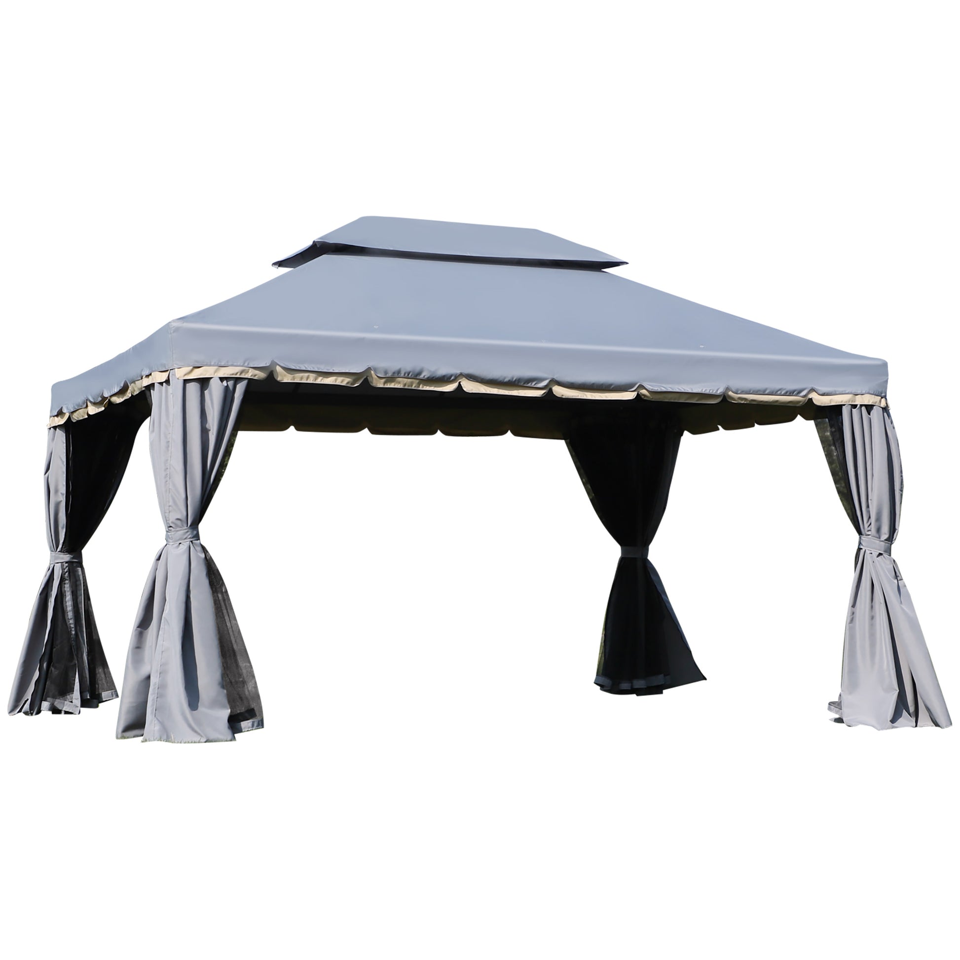 Outsunny Cenador de Jardín 4x3 m Gazebo de Aluminio con Techo de Ventilación 4 Cortinas Laterales 4 Mosquiteras y 8 Orificios de Drenaje para Fiestas Eventos Exterior Gris