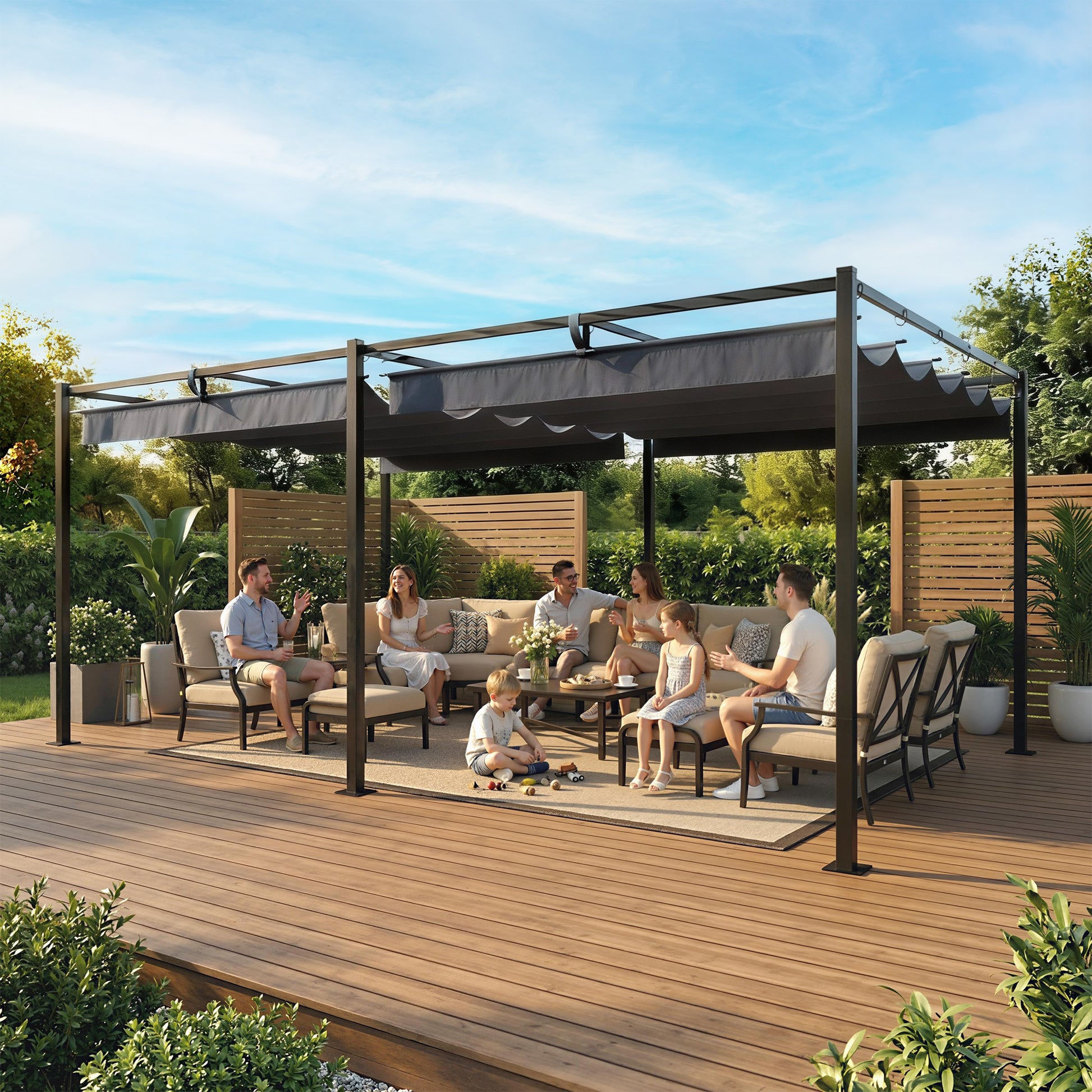 Outsunny Pérgola de Jardín 6x3 m con Techo Retráctil, Cenador de Jardín con Protección UPF50+, Drenaje, Estructura Metálica, Pabellón para Patio, Terraza, Exterior, Gris Oscuro