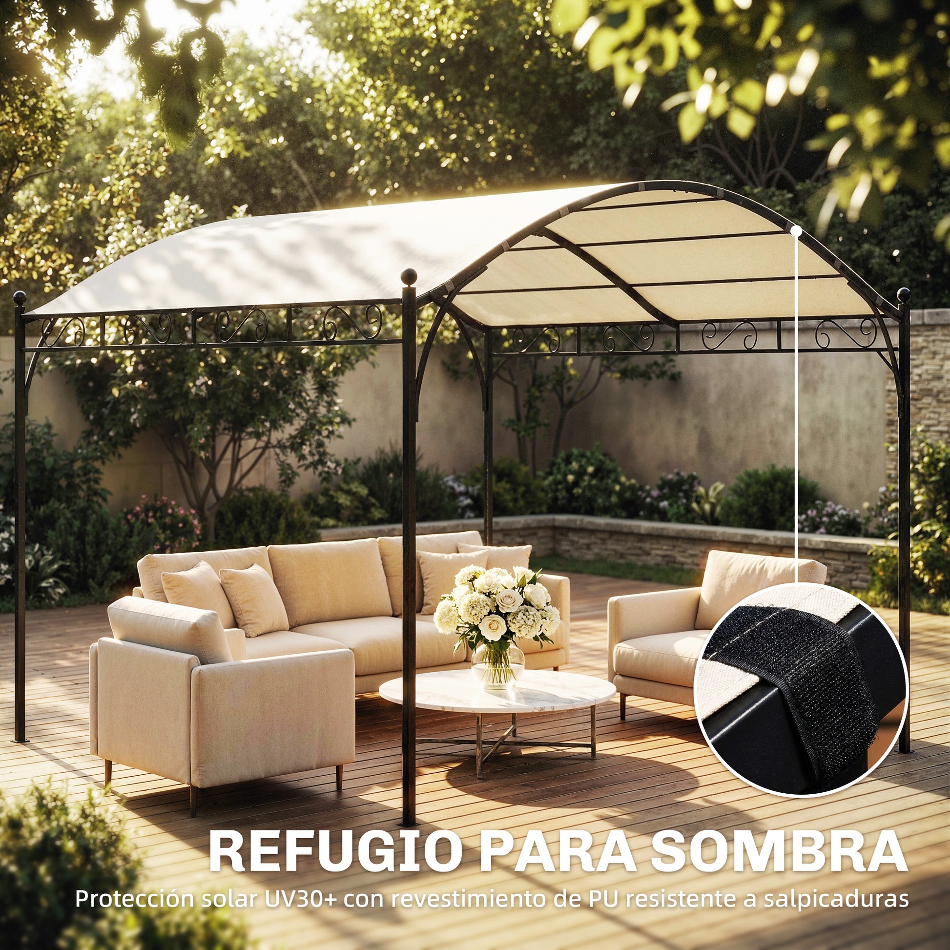Outsunny Pérgola de Jardín 3x3 m, Cenador de Jardín con Techo Arqueado, Dosel UV30+ y Estructura de Metal Galvanizado, Pabellón para Exterior, Patio, Terraza, Blanco Crema