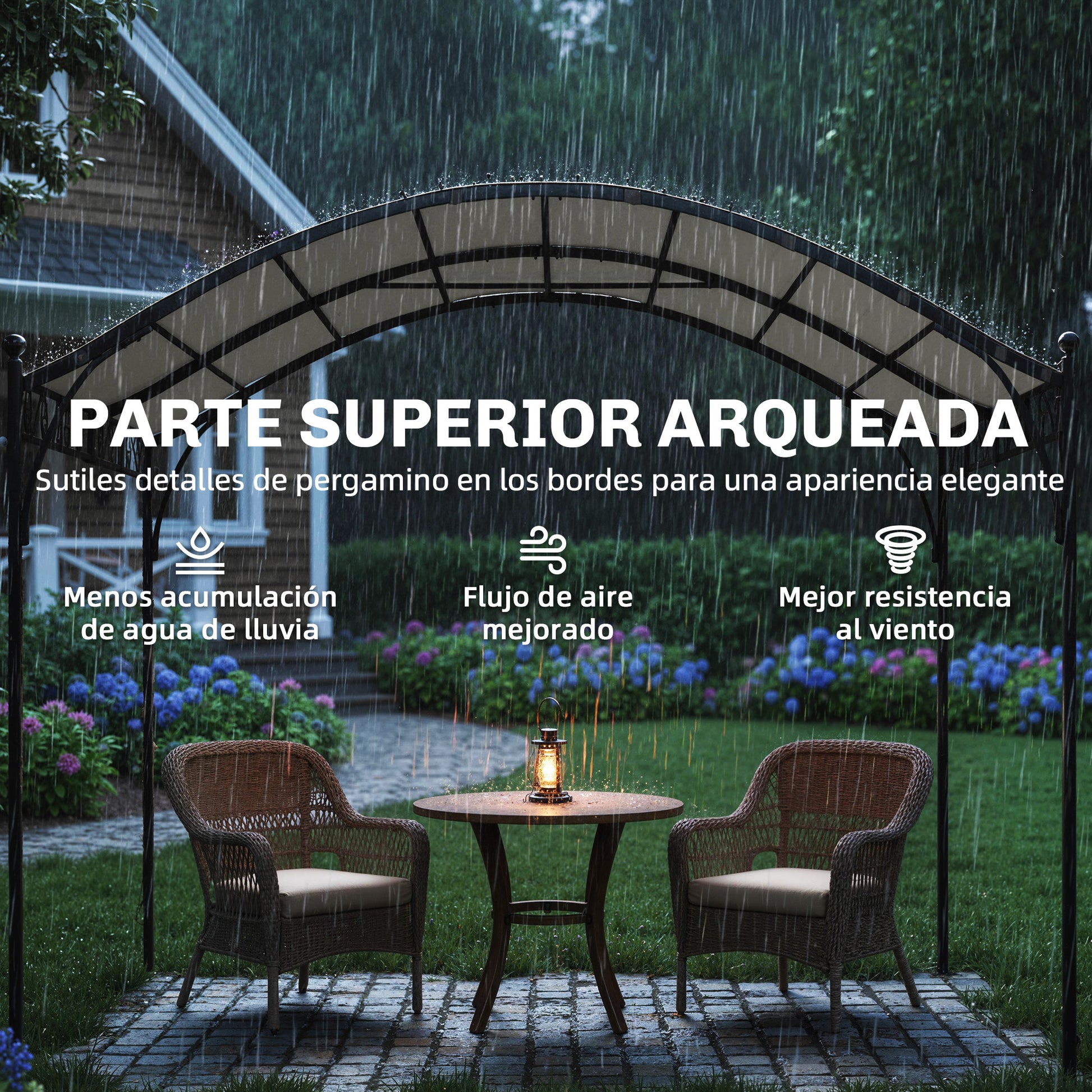 Outsunny Pérgola de Jardín 3x3 m, Cenador de Jardín con Techo Arqueado, Dosel UV30+ y Estructura de Metal Galvanizado, Pabellón para Exterior, Patio, Terraza, Blanco Crema