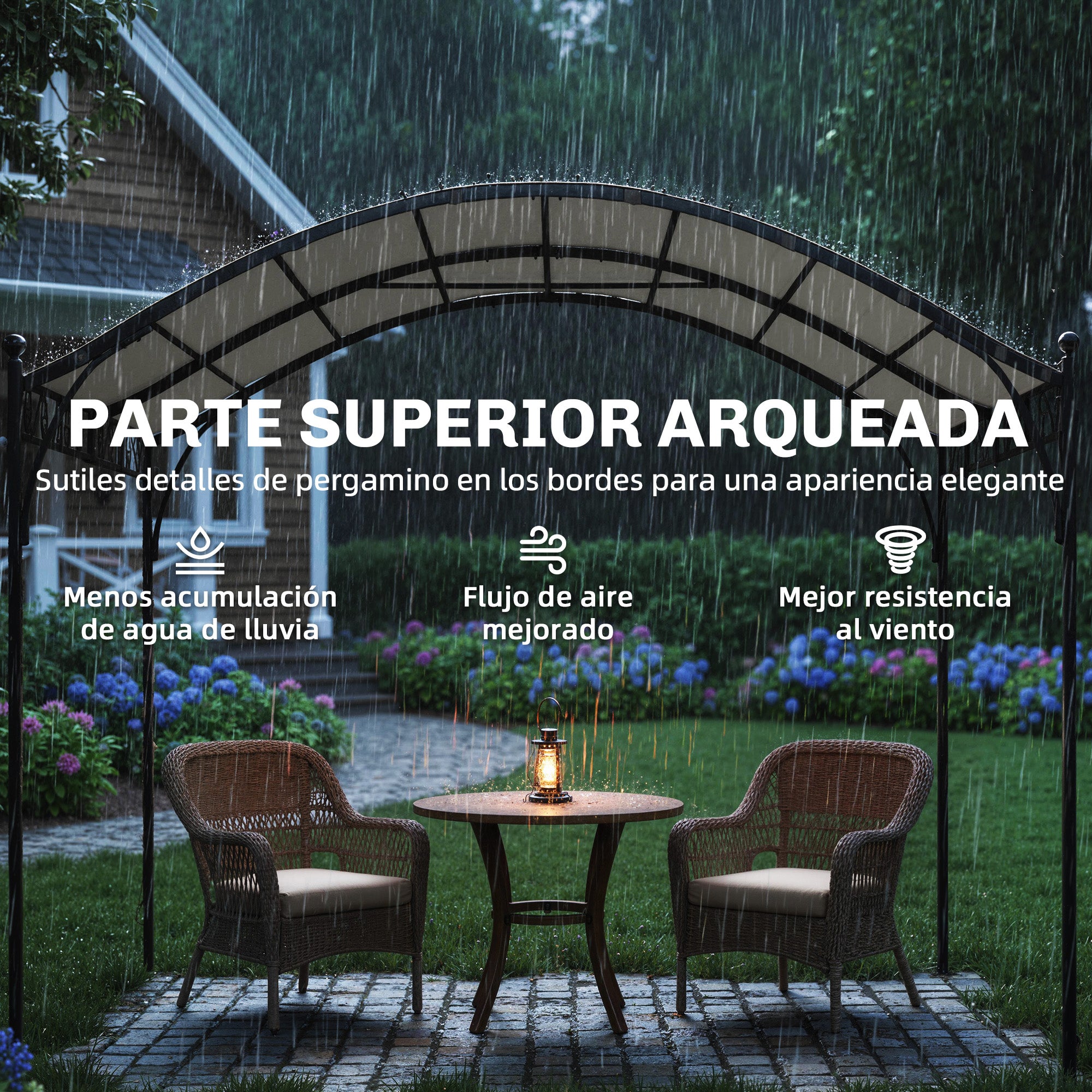 Outsunny Pérgola de Jardín 3x3 m, Cenador de Jardín con Techo Arqueado, Dosel UV30+ y Estructura de Metal Galvanizado, Pabellón para Exterior, Patio, Terraza, Blanco Crema
