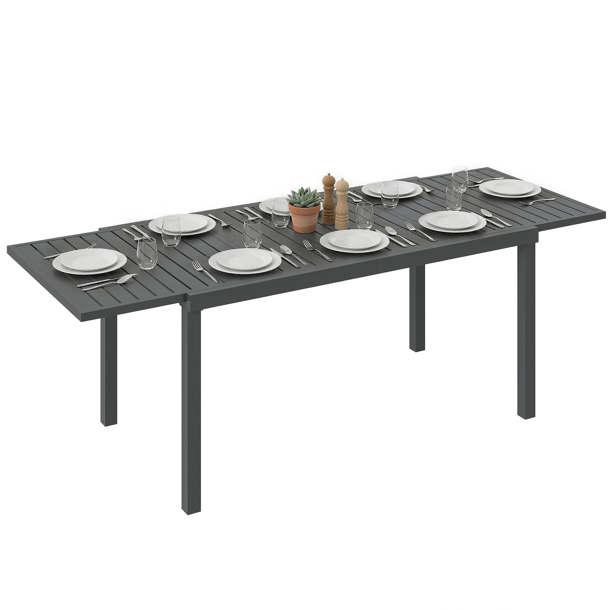 Outsunny Mesa de Jardín Extensible 150/225x85x75 cm, Mesa de Comedor Exterior Extensible Rectangular de Aluminio, con Tablero de Listones para 6-8 Personas, para Patio, Terraza, Gris Oscuro