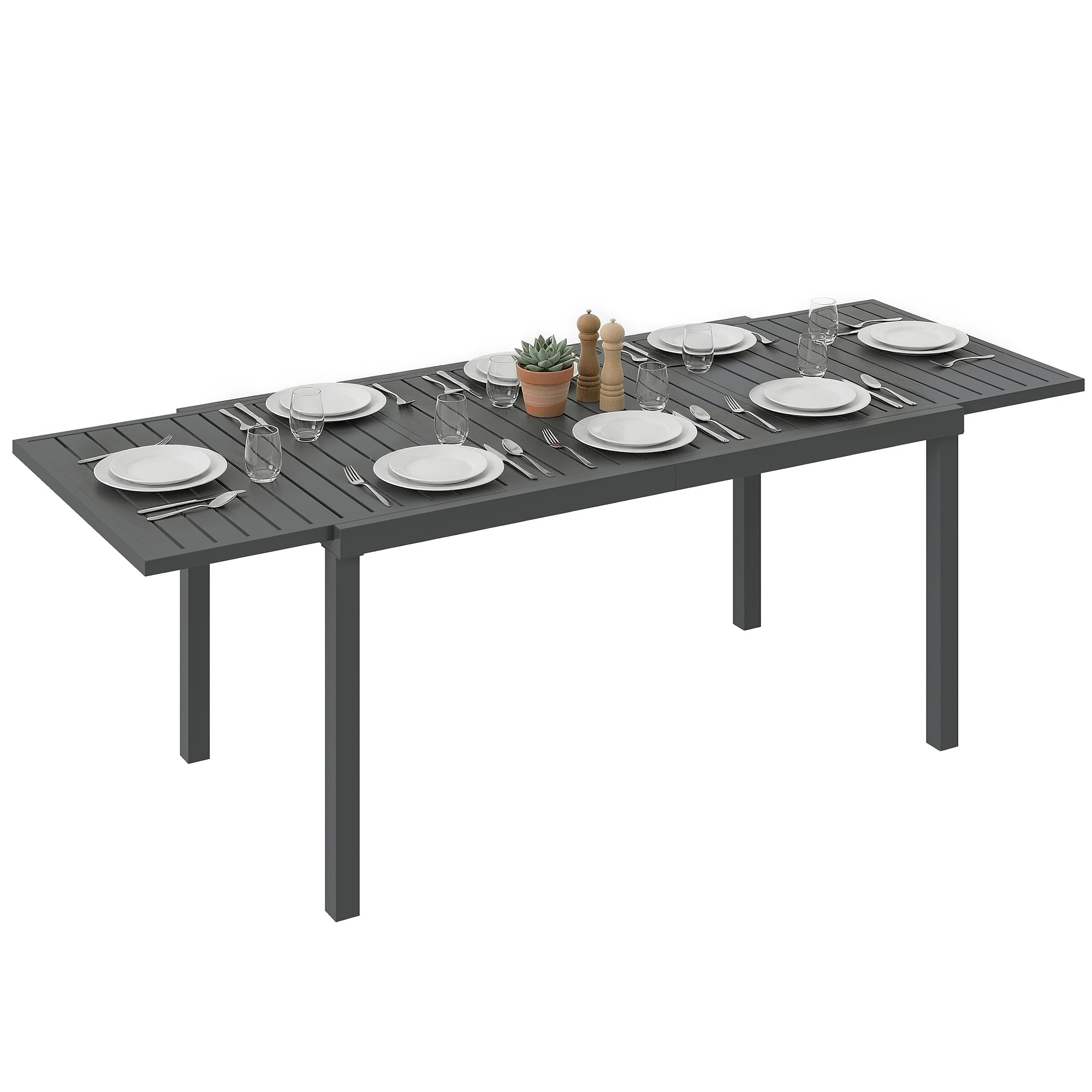 Outsunny Mesa de Jardín Extensible 150/225x85x75 cm, Mesa de Comedor Exterior Extensible Rectangular de Aluminio, con Tablero de Listones para 6-8 Personas, para Patio, Terraza, Gris Oscuro