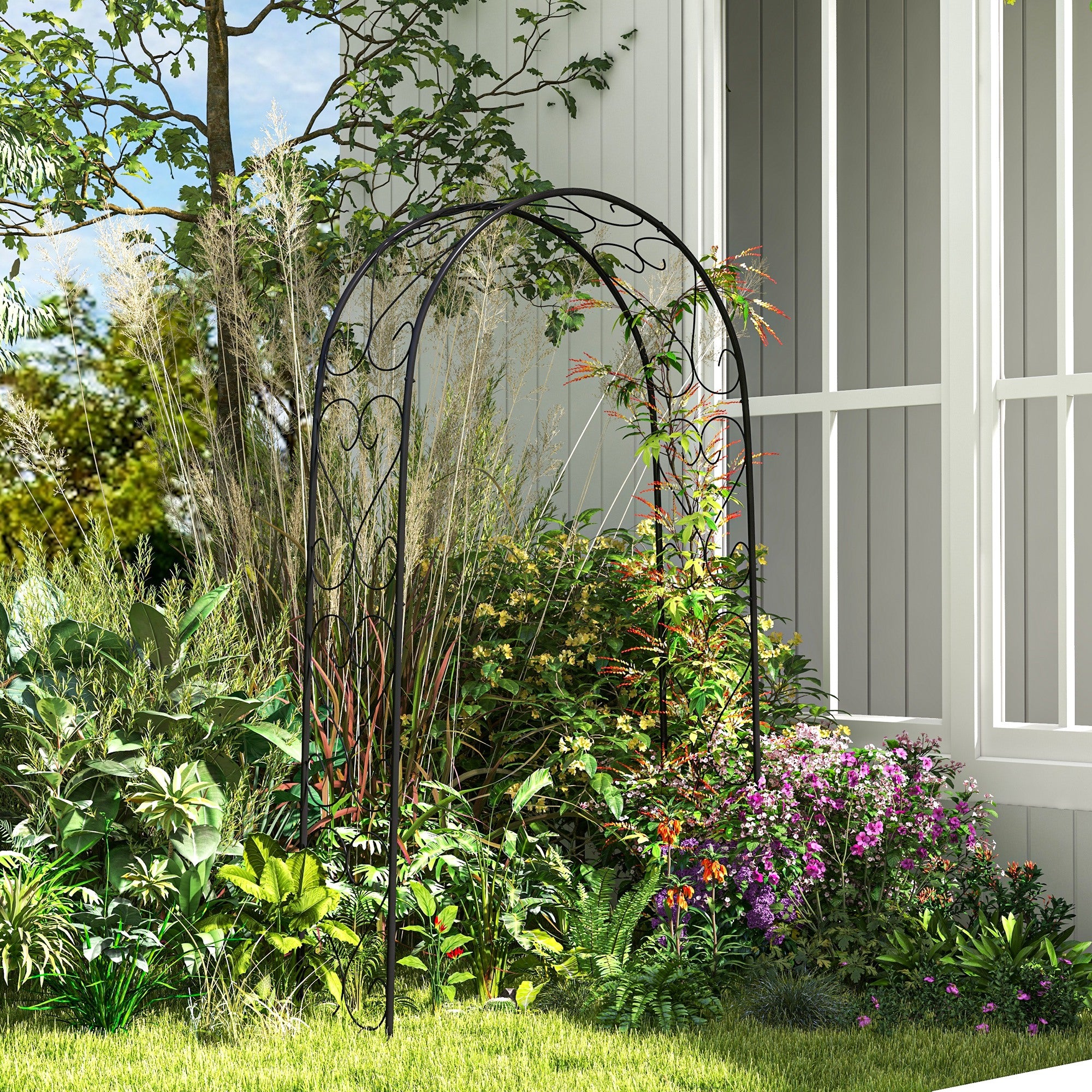 Outsunny Arco de Jardín de Acero para Rosas Arco de Boda Diseño Espiral de Corazón para Plantas Trepadoras para Decoración Patio Terraza 125x37x230 cm Negro