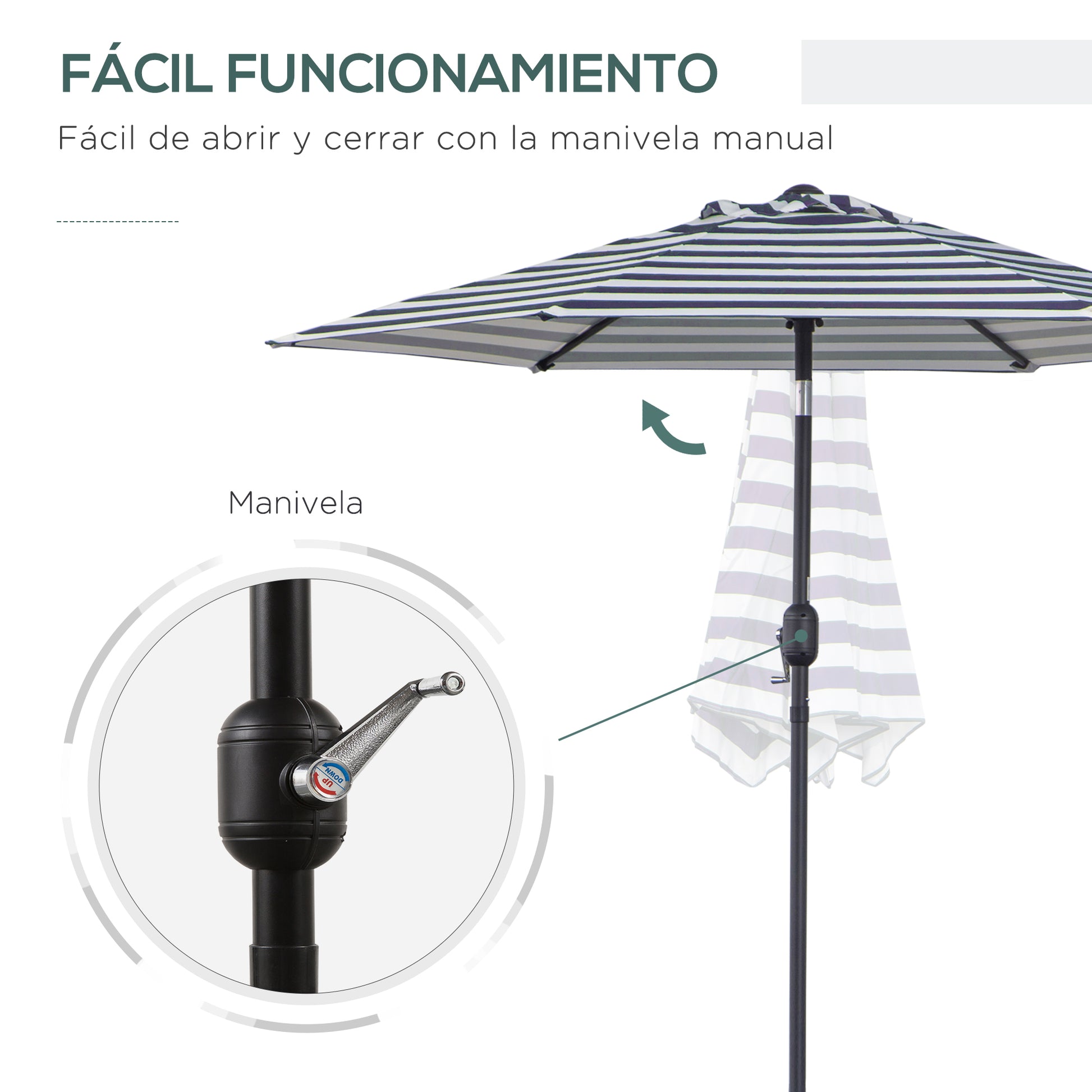 Outsunny Sombrilla Terraza Exterior, Ø230x216 cm, Sombrilla de Jardín con Ángulo Ajustable y Manivela, Impermeable, Parasol para Patio, Terraza, Azul y Blanco