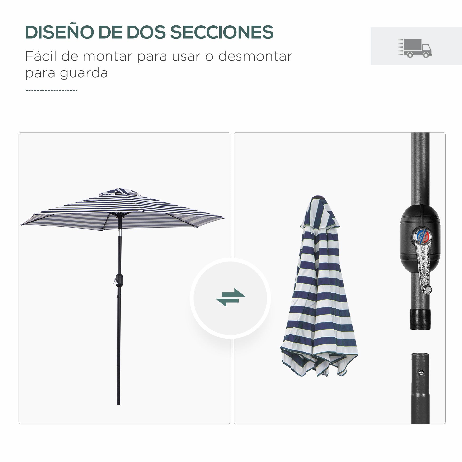 Outsunny Sombrilla Terraza Exterior, Ø230x216 cm, Sombrilla de Jardín con Ángulo Ajustable y Manivela, Impermeable, Parasol para Patio, Terraza, Azul y Blanco