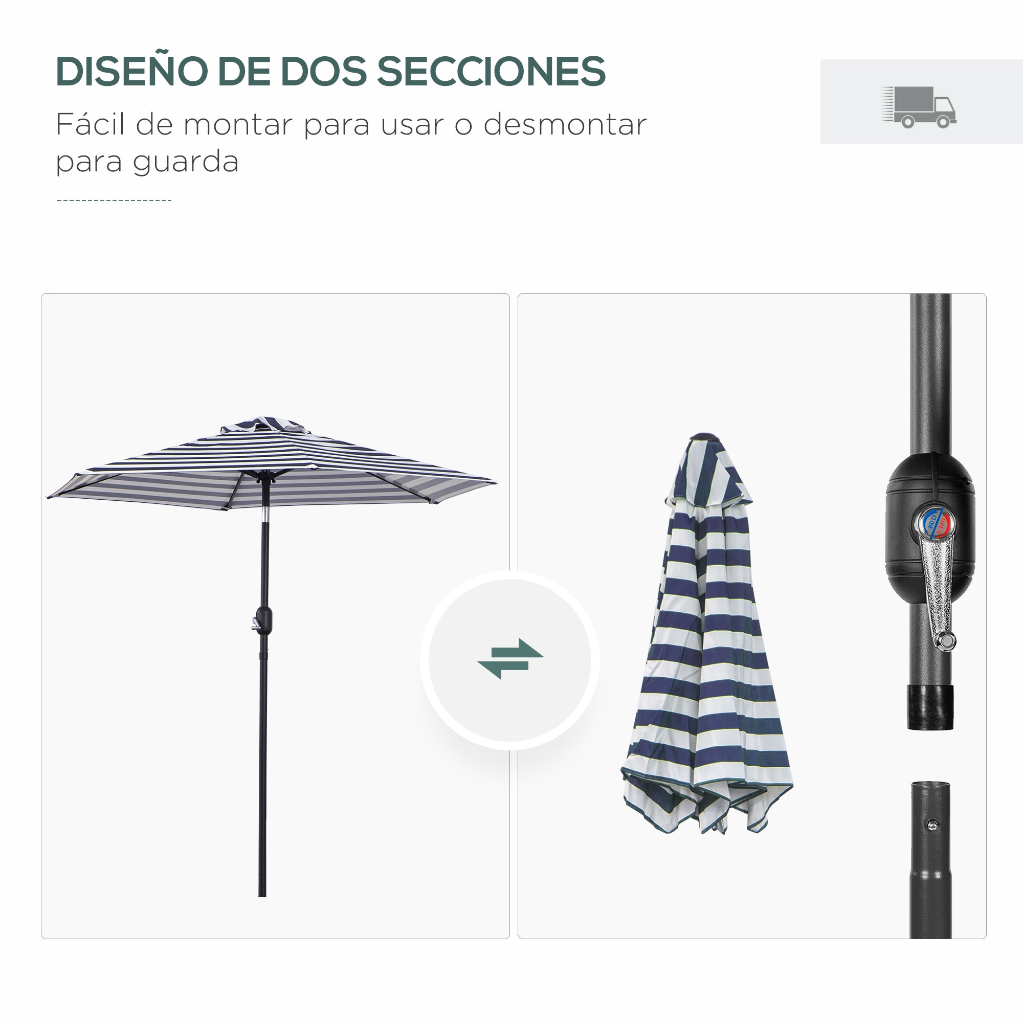 Outsunny Sombrilla Terraza Exterior, Ø230x216 cm, Sombrilla de Jardín con Ángulo Ajustable y Manivela, Impermeable, Parasol para Patio, Terraza, Azul y Blanco