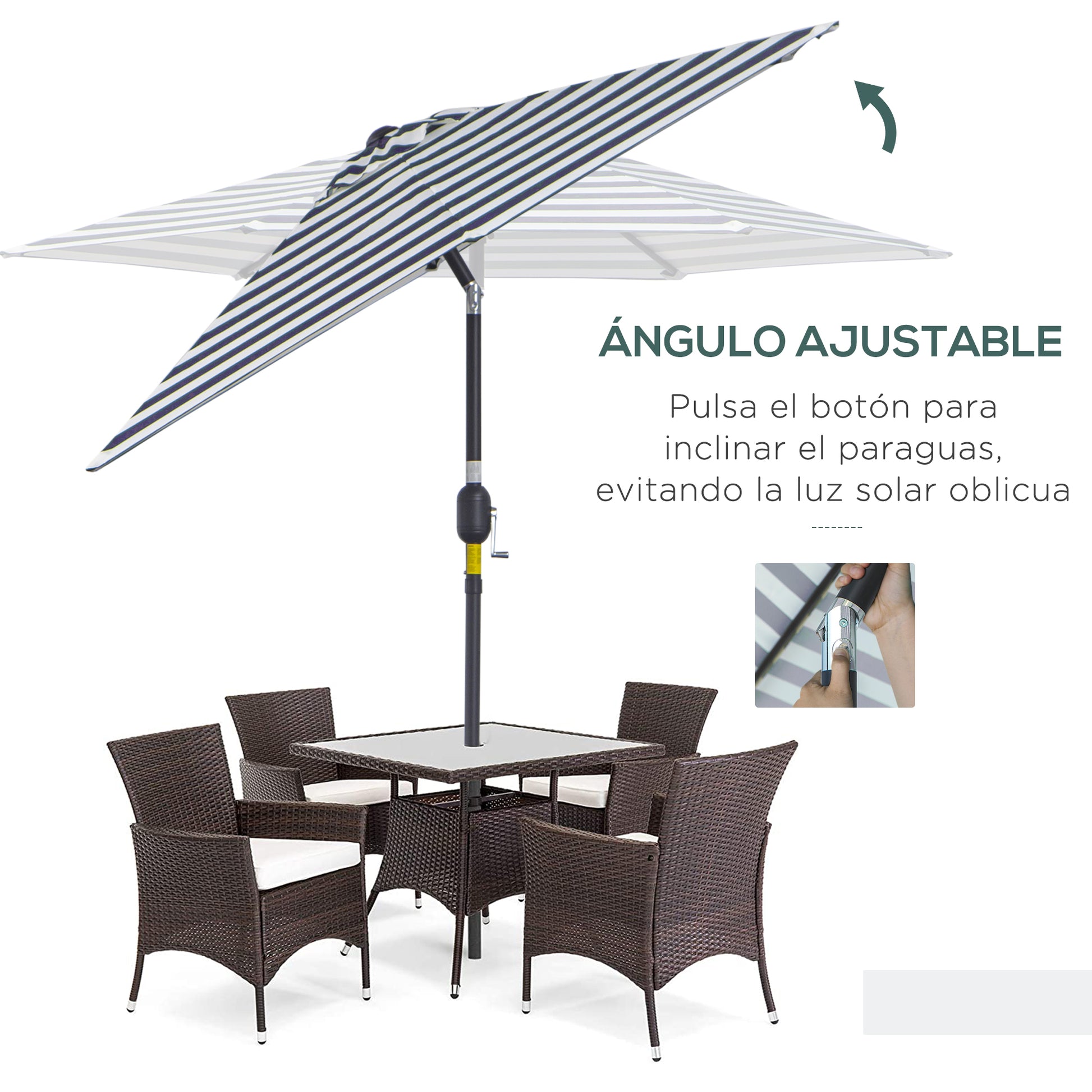 Outsunny Sombrilla Terraza Exterior, Ø230x216 cm, Sombrilla de Jardín con Ángulo Ajustable y Manivela, Impermeable, Parasol para Patio, Terraza, Azul y Blanco