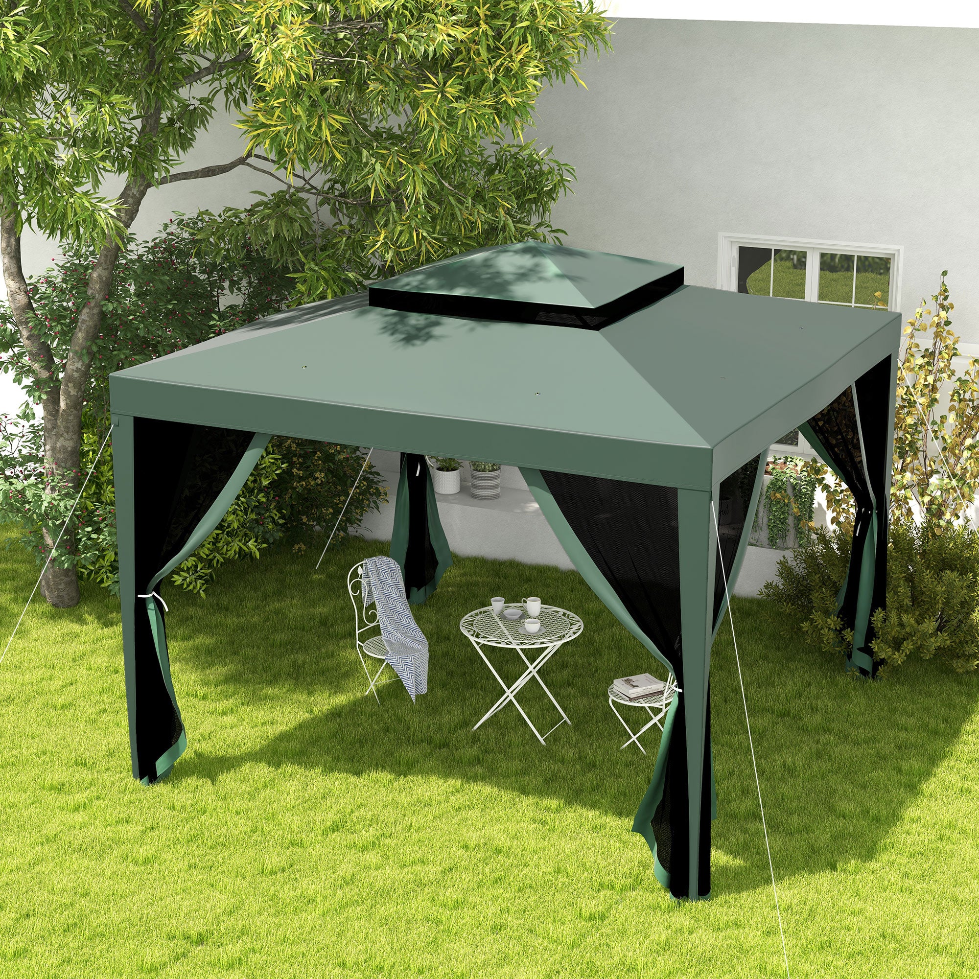Outsunny Carpa de Jardín 3x3 m Cenador Desmontable de Exterior Gazebo con 4 Mosquiteras Laterales Techo Doble y Marco Metálico Anti-UV Impermeable Pabellón para Terraza Patio Verde