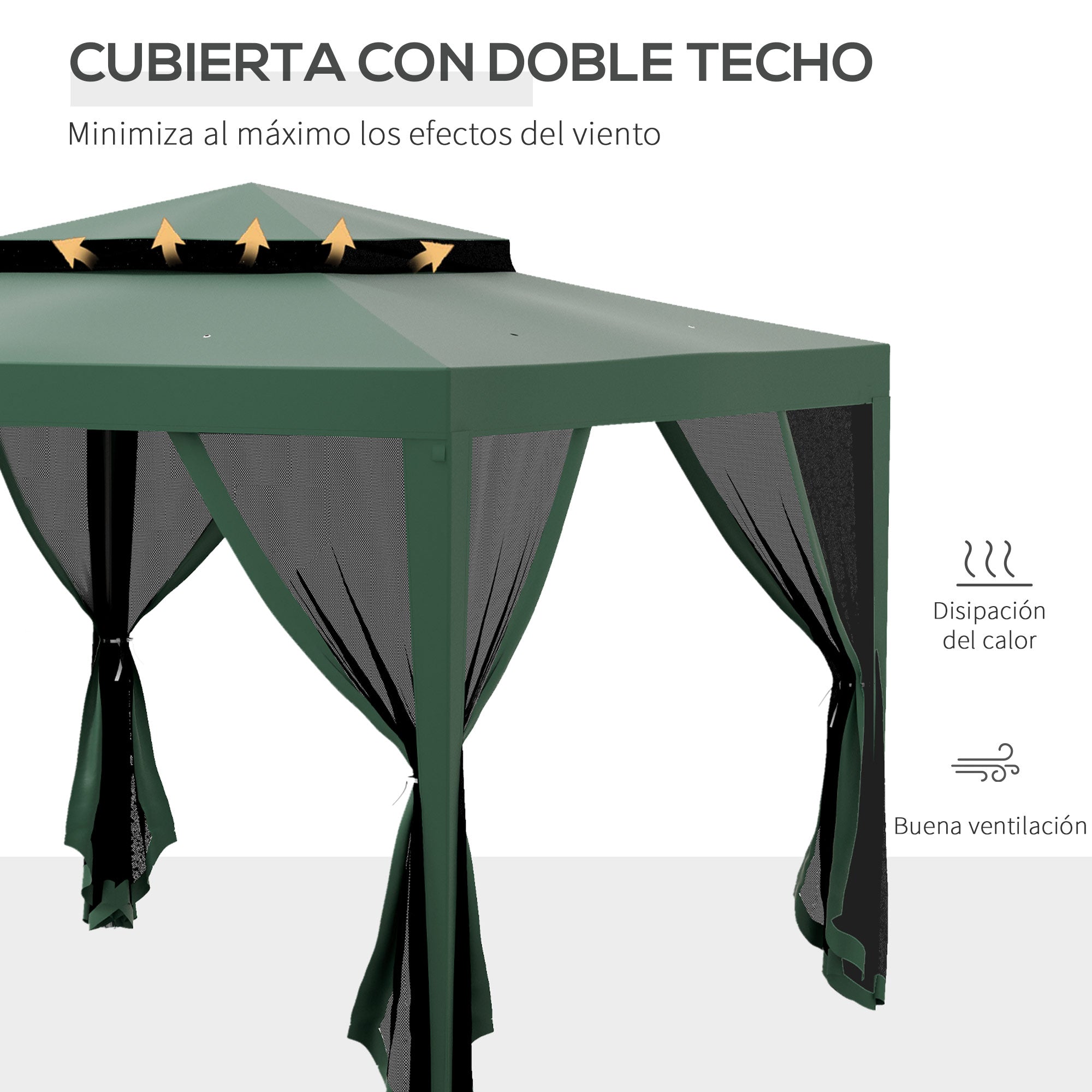 Outsunny Carpa de Jardín 3x3 m Cenador Desmontable de Exterior Gazebo con 4 Mosquiteras Laterales Techo Doble y Marco Metálico Anti-UV Impermeable Pabellón para Terraza Patio Verde