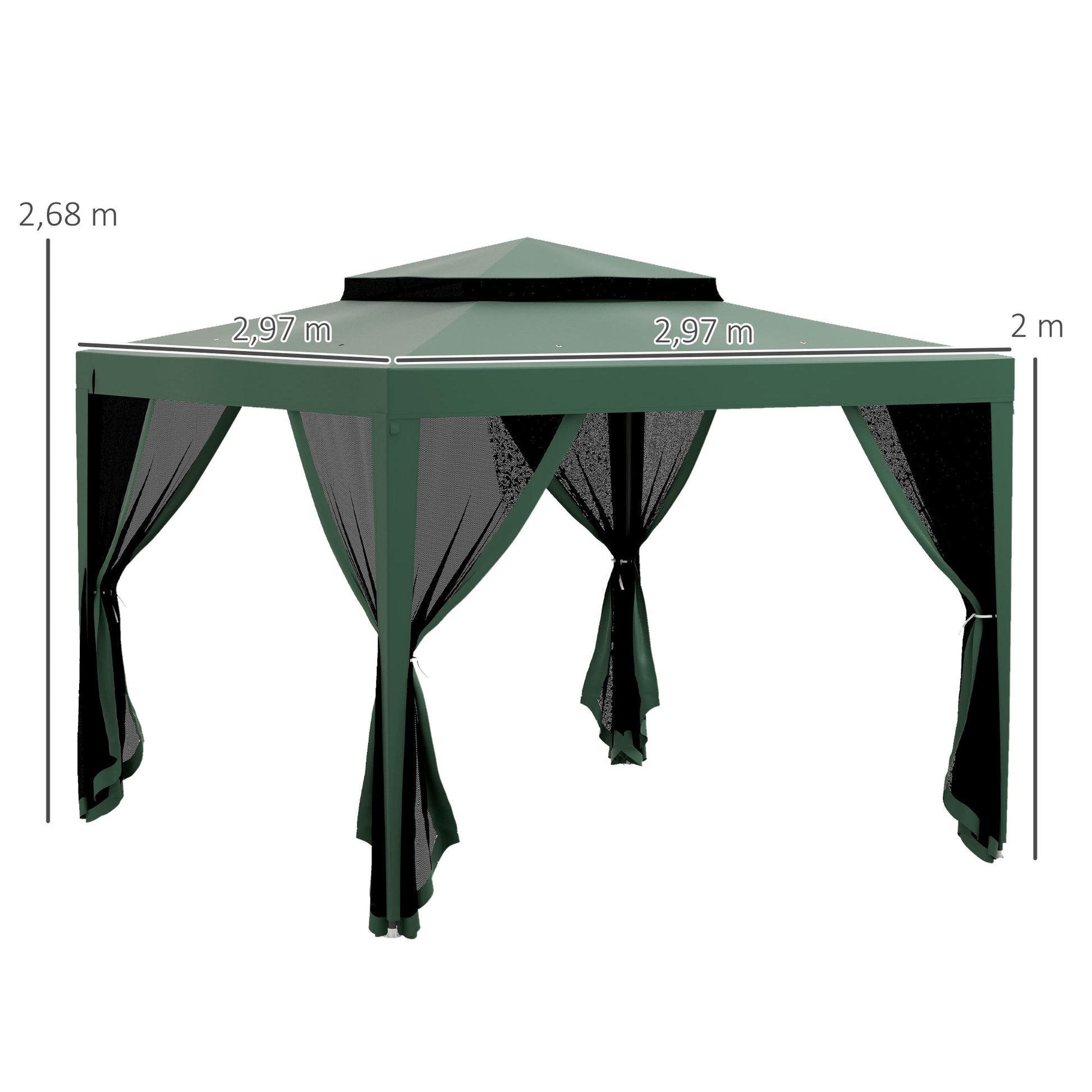 Outsunny Carpa de Jardín 3x3 m Cenador Desmontable de Exterior Gazebo con 4 Mosquiteras Laterales Techo Doble y Marco Metálico Anti-UV Impermeable Pabellón para Terraza Patio Verde