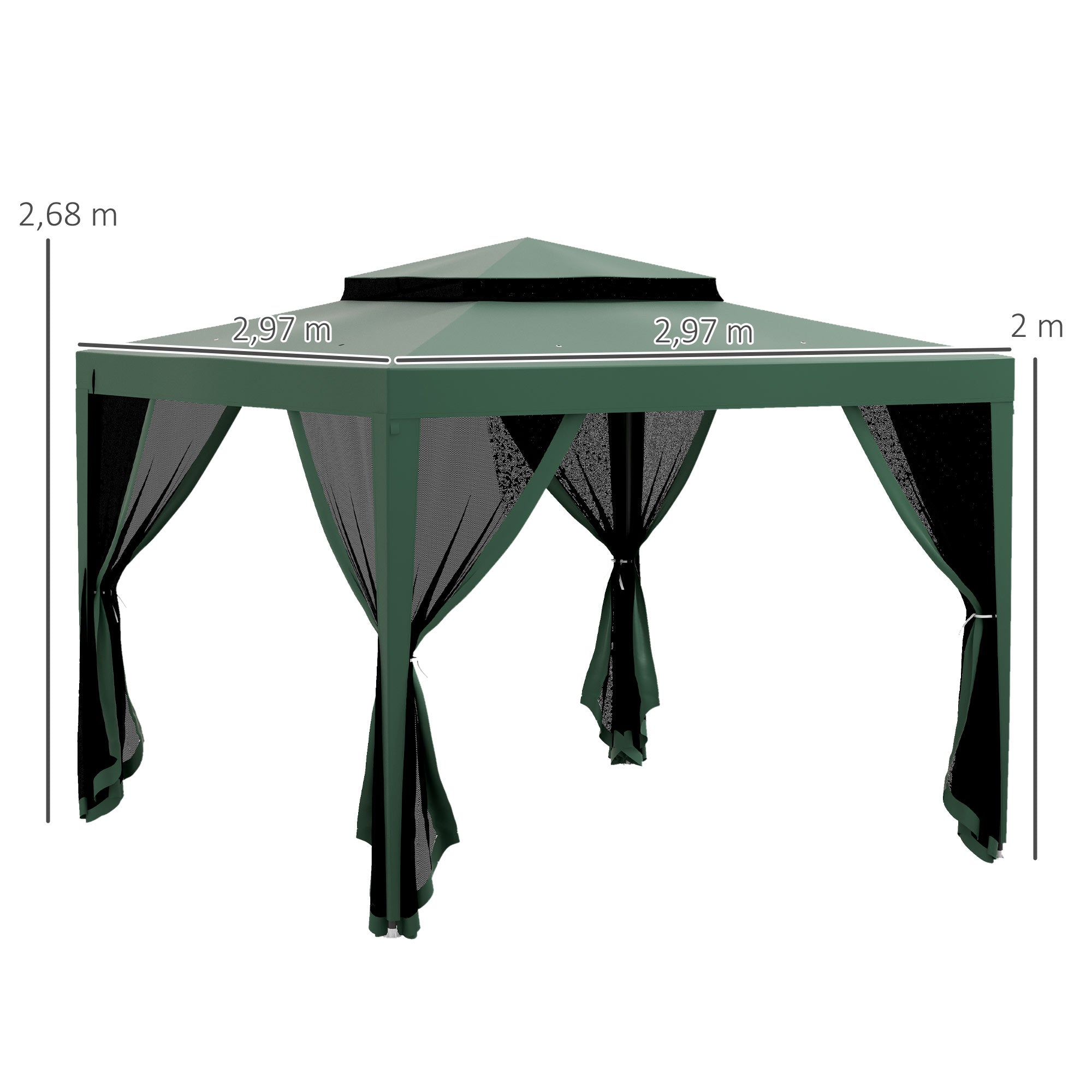 Outsunny Carpa de Jardín 3x3 m Cenador Desmontable de Exterior Gazebo con 4 Mosquiteras Laterales Techo Doble y Marco Metálico Anti-UV Impermeable Pabellón para Terraza Patio Verde