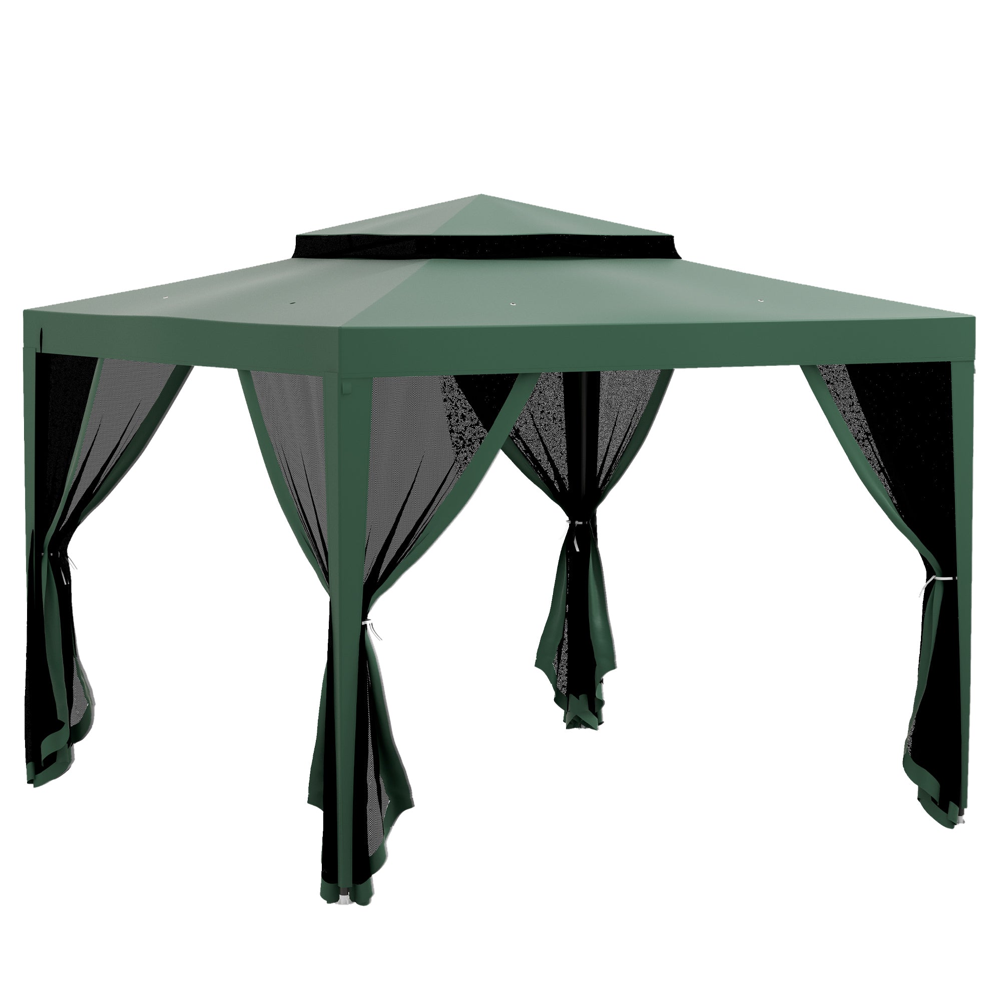 Outsunny Carpa de Jardín 3x3 m Cenador Desmontable de Exterior Gazebo con 4 Mosquiteras Laterales Techo Doble y Marco Metálico Anti-UV Impermeable Pabellón para Terraza Patio Verde