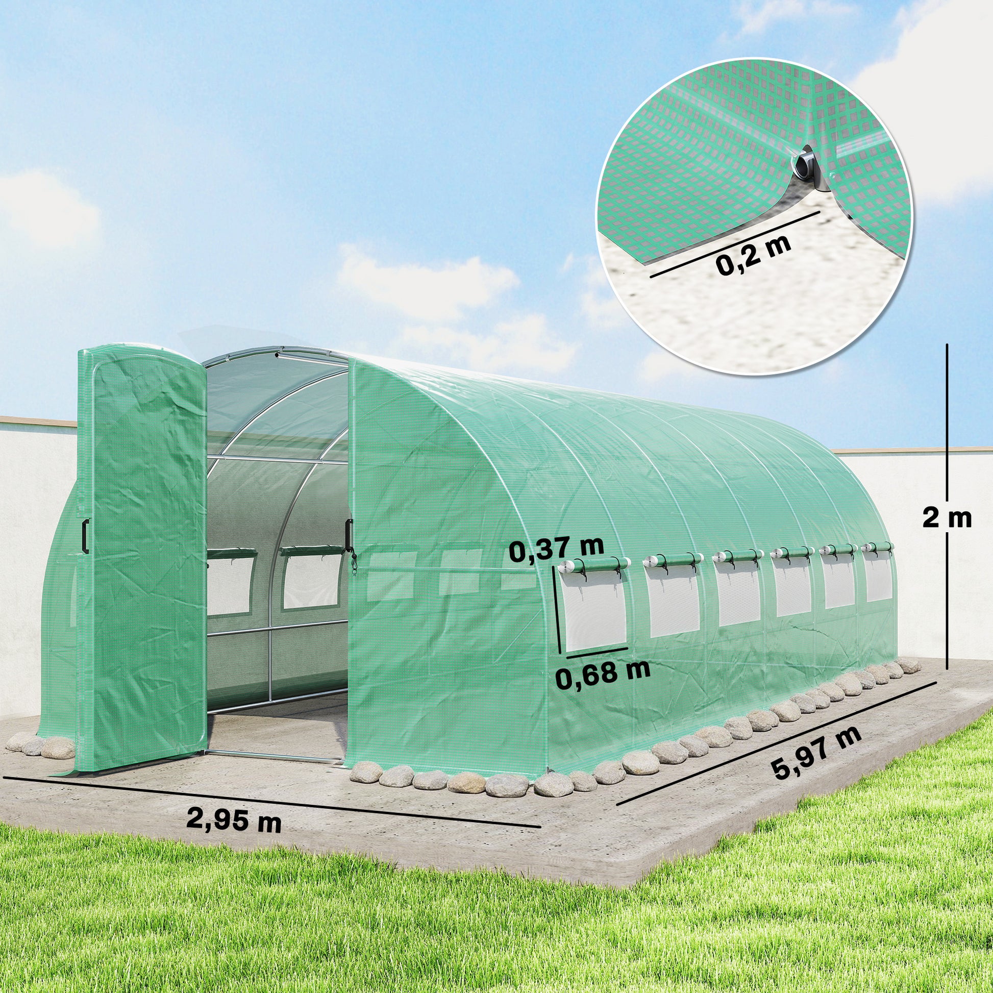 Outsunny Invernadero de Exterior 6x3x2 m, Invernadero de Túnel con Puerta con Bisagras, Ventanas de Malla, Cubierta PE 140g/m² y Marco de Acero Galvanizado, Anti-UV, Impermeable, para Cultivos, Verde