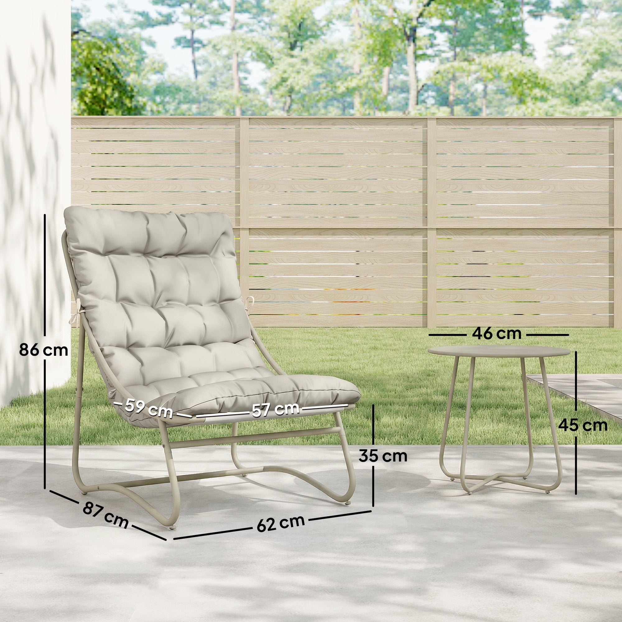 Outsunny Conjunto de Mesa y Sillas de Terraza Exterior de 3 Piezas, Muebles de Jardín Exterior con Cojines, 2 Sillas Lounge Transpirable, Mesa de Café y Marco de Acero, para Patio, Balcón, Gris Claro