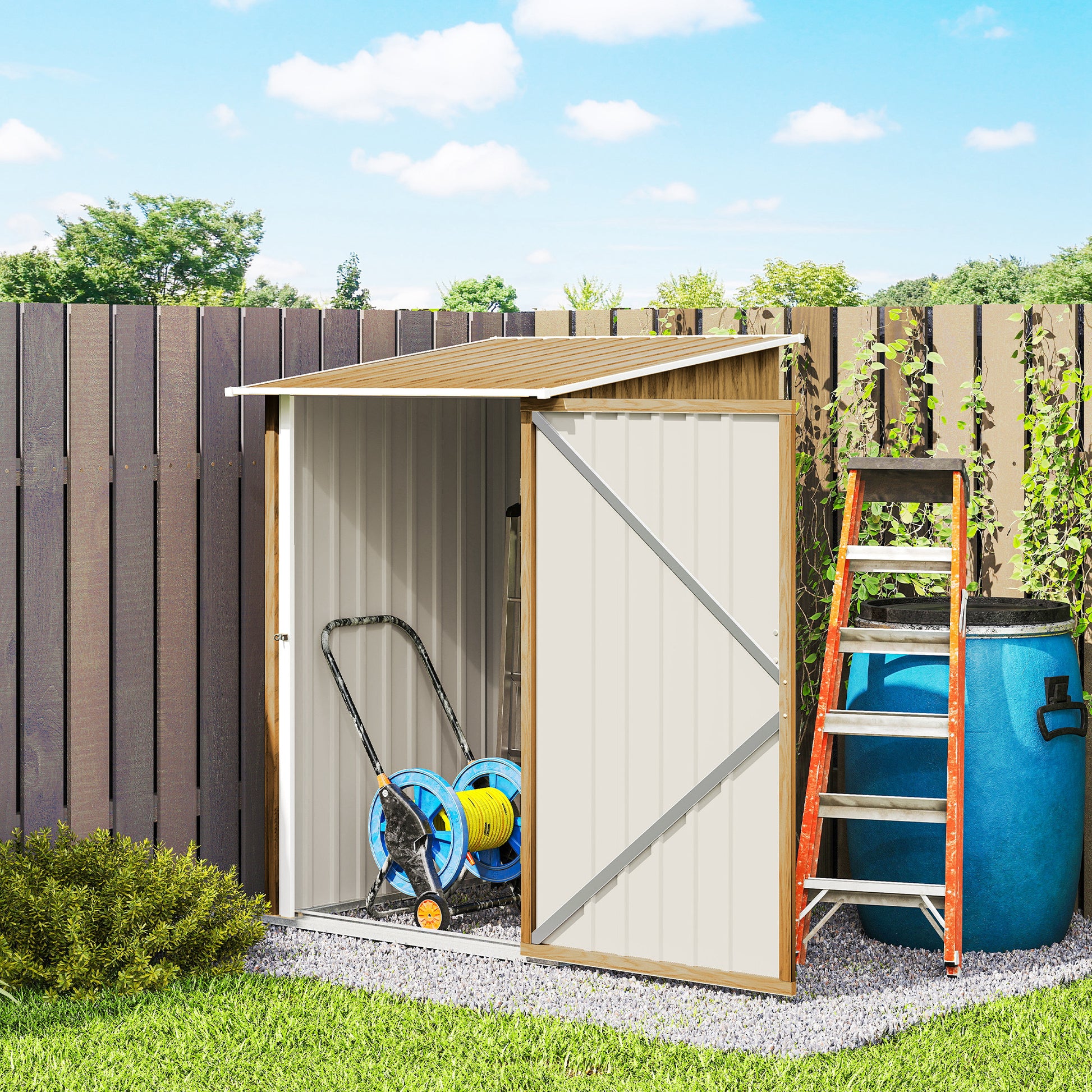 Outsunny Cobertizo de Jardín Exterior, 0,92 m², 100x103x160 cm, Caseta de Jardín Exterior Metálica con 1 Puerta y Cerradura, para Almacenamiento de Herramientas, para Patio, Terraza, Marrón Claro