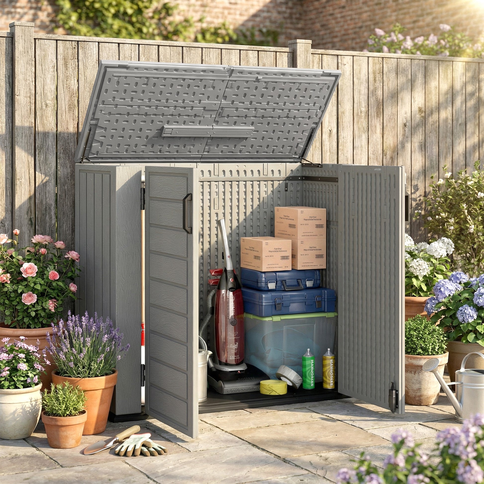Outsunny Armario de Exterior de HDPE, 940L, Caseta de Jardín Exterior con Tapa Abatible, 2 Puertas, Cerradura, Cobertizo de Jardín para Almacenaje Herramientas, 142x67x119 cm, Gris Claro