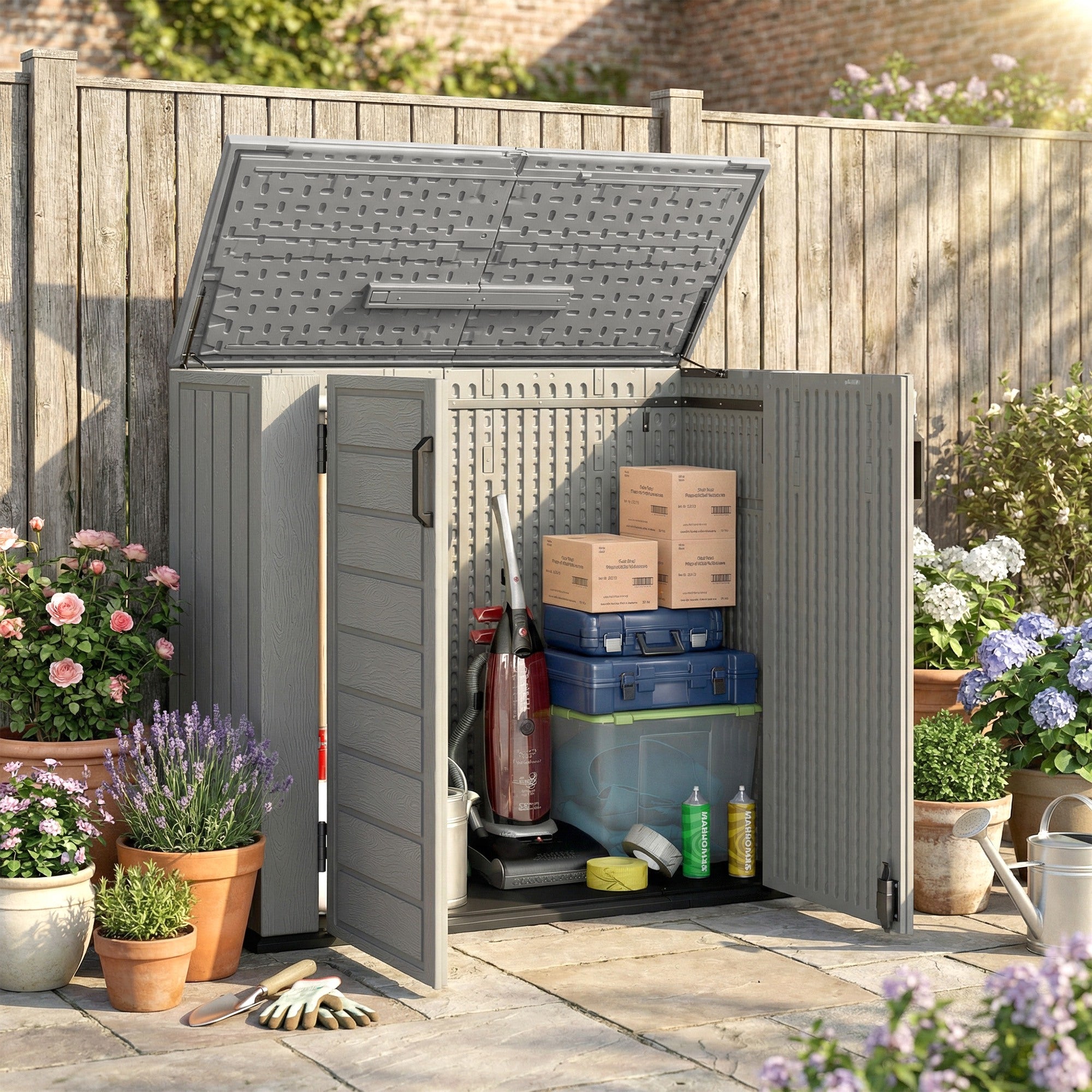 Outsunny Armario de Exterior de HDPE, 940L, Caseta de Jardín Exterior con Tapa Abatible, 2 Puertas, Cerradura, Cobertizo de Jardín para Almacenaje Herramientas, 142x67x119 cm, Gris Claro