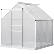 Outsunny Invernadero Policarbonato Aluminio de Jardín 190x190x200 cm 3,6m² Caseta de Exterior con Base Puerta Corredera y 2 Tragaluces para Cultivo Plantas Semillas Transparente