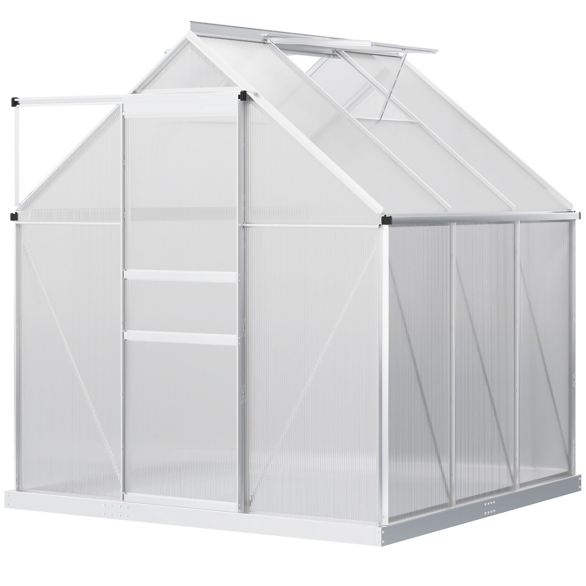 Outsunny Invernadero Policarbonato Aluminio de Jardín 190x190x200 cm 3,6m² Caseta de Exterior con Base Puerta Corredera y 2 Tragaluces para Cultivo Plantas Semillas Transparente