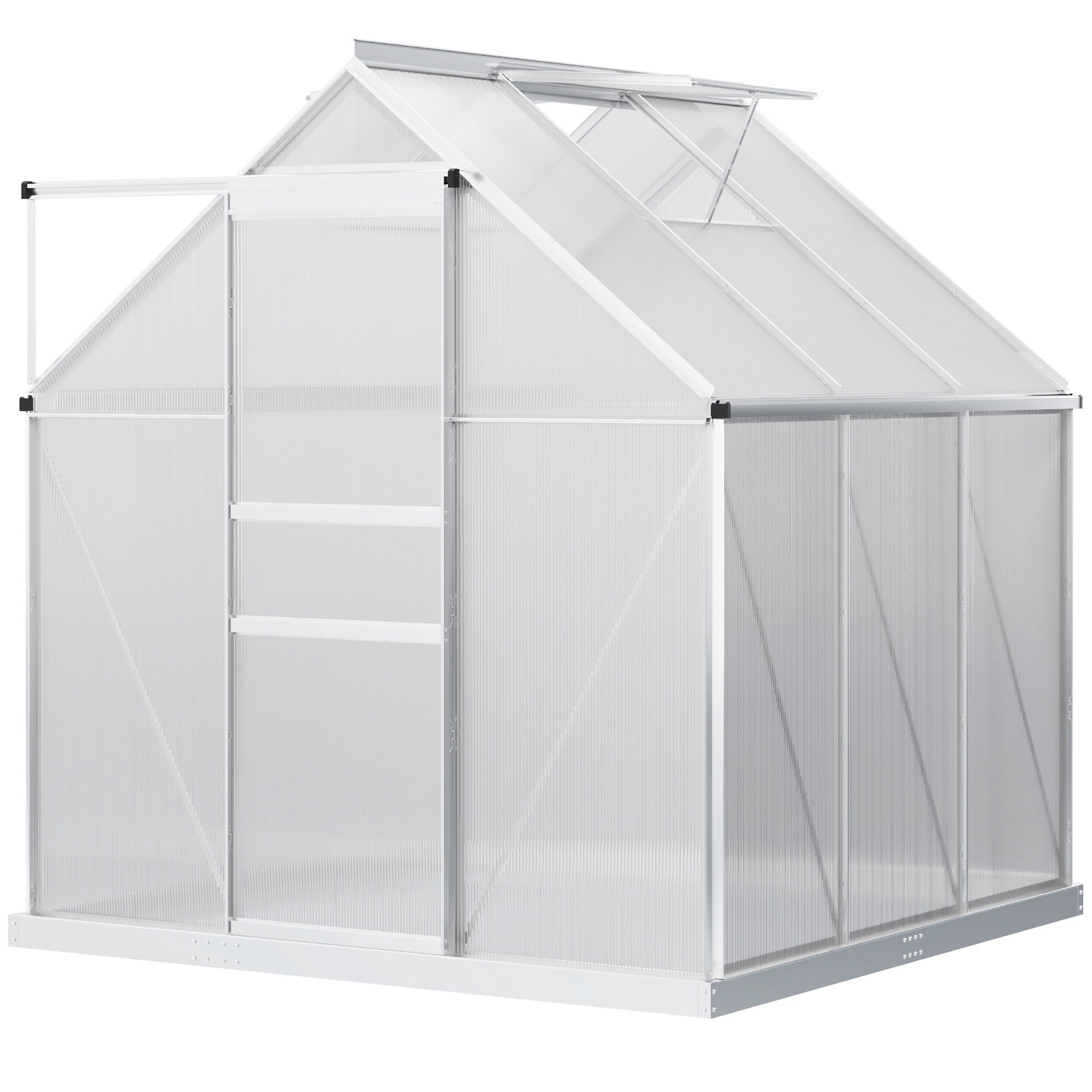 Outsunny Invernadero Policarbonato Aluminio de Jardín 190x190x200 cm 3,6m² Caseta de Exterior con Base Puerta Corredera y 2 Tragaluces para Cultivo Plantas Semillas Transparente