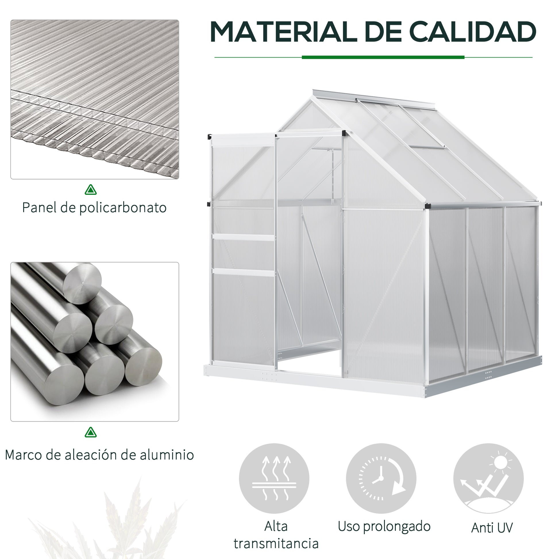 Outsunny Invernadero Policarbonato Aluminio de Jardín 190x190x200 cm 3,6m² Caseta de Exterior con Base Puerta Corredera y 2 Tragaluces para Cultivo Plantas Semillas Transparente