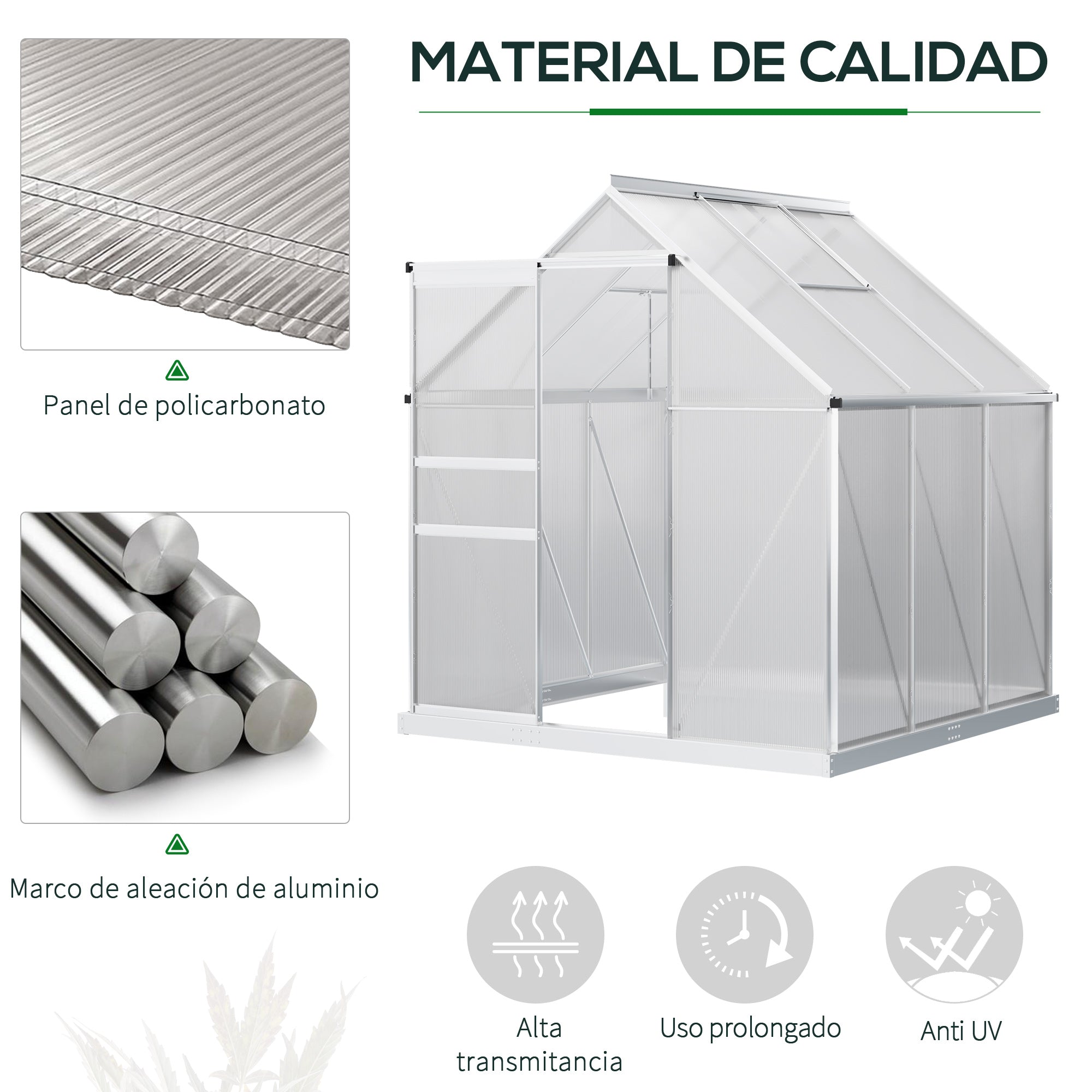 Outsunny Invernadero Policarbonato Aluminio de Jardín 190x190x200 cm 3,6m² Caseta de Exterior con Base Puerta Corredera y 2 Tragaluces para Cultivo Plantas Semillas Transparente