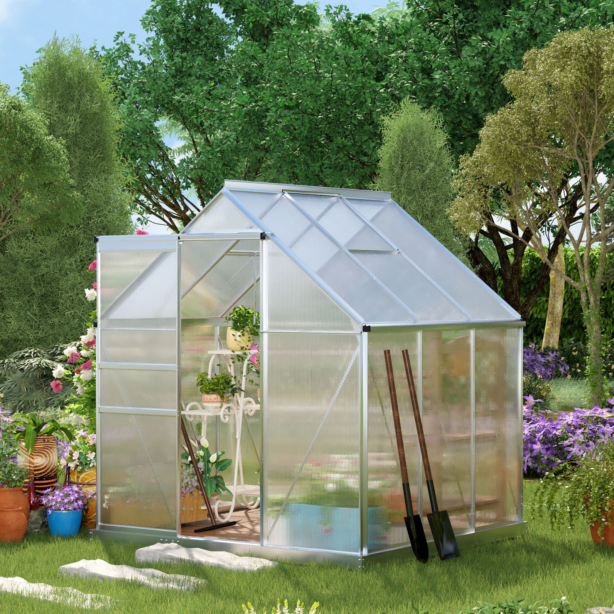Outsunny Invernadero Policarbonato Aluminio de Jardín 190x190x200 cm 3,6m² Caseta de Exterior con Base Puerta Corredera y 2 Tragaluces para Cultivo Plantas Semillas Transparente