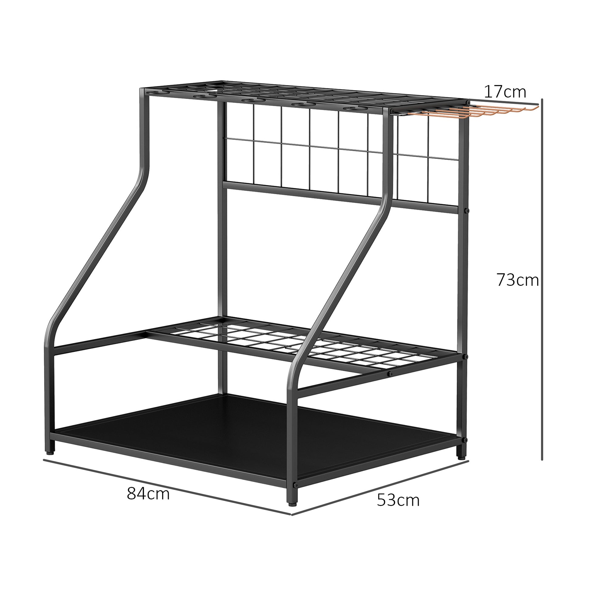 Outsunny Organizador de Herramientas de Jardín, Estantería de Almacenamiento de 3 Niveles para Garaje con Ganchos, para Palas, Rastrillos, Escobas, Soporte de Metal
