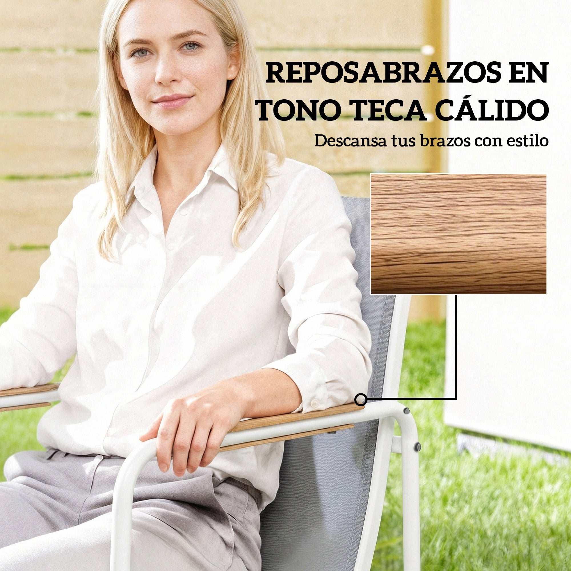 Outsunny Conjunto de Mesa y Sillas Jardín de 7 Piezas, Muebles Jardín Exterior con Mesa de Vidrio Templado, 6 Sillas Transpirables Decorativas, Marco de Acero Resistente a la Intemperie, Blanco y Gris