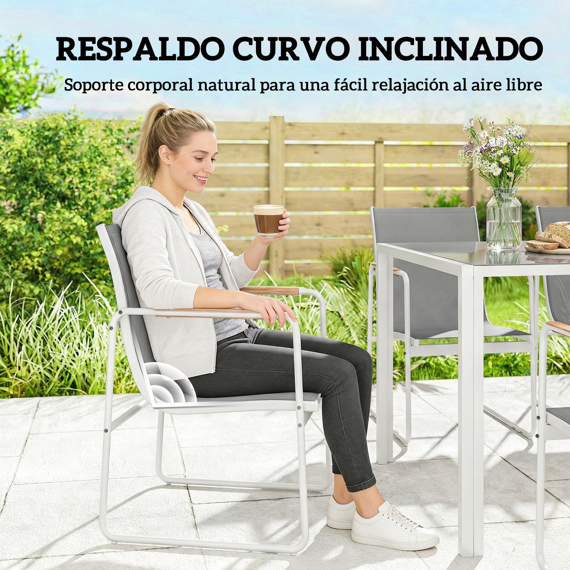 Outsunny Conjunto de Mesa y Sillas Jardín de 7 Piezas, Muebles Jardín Exterior con Mesa de Vidrio Templado, 6 Sillas Transpirables Decorativas, Marco de Acero Resistente a la Intemperie, Blanco y Gris