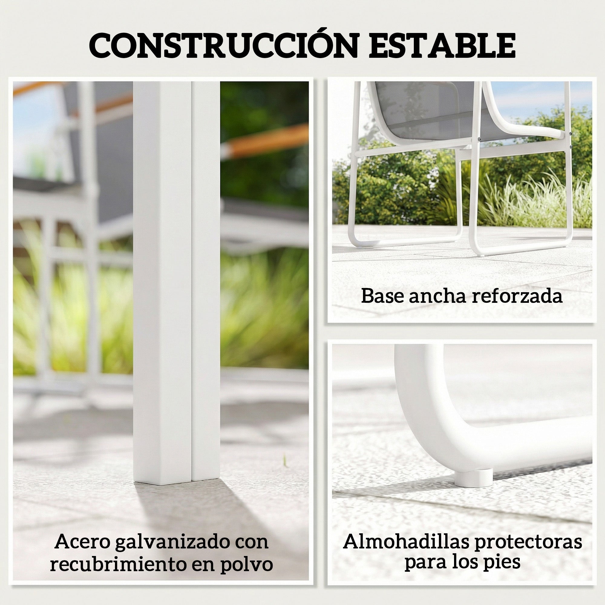 Outsunny Conjunto de Mesa y Sillas Jardín de 7 Piezas, Muebles Jardín Exterior con Mesa de Vidrio Templado, 6 Sillas Transpirables Decorativas, Marco de Acero Resistente a la Intemperie, Blanco y Gris