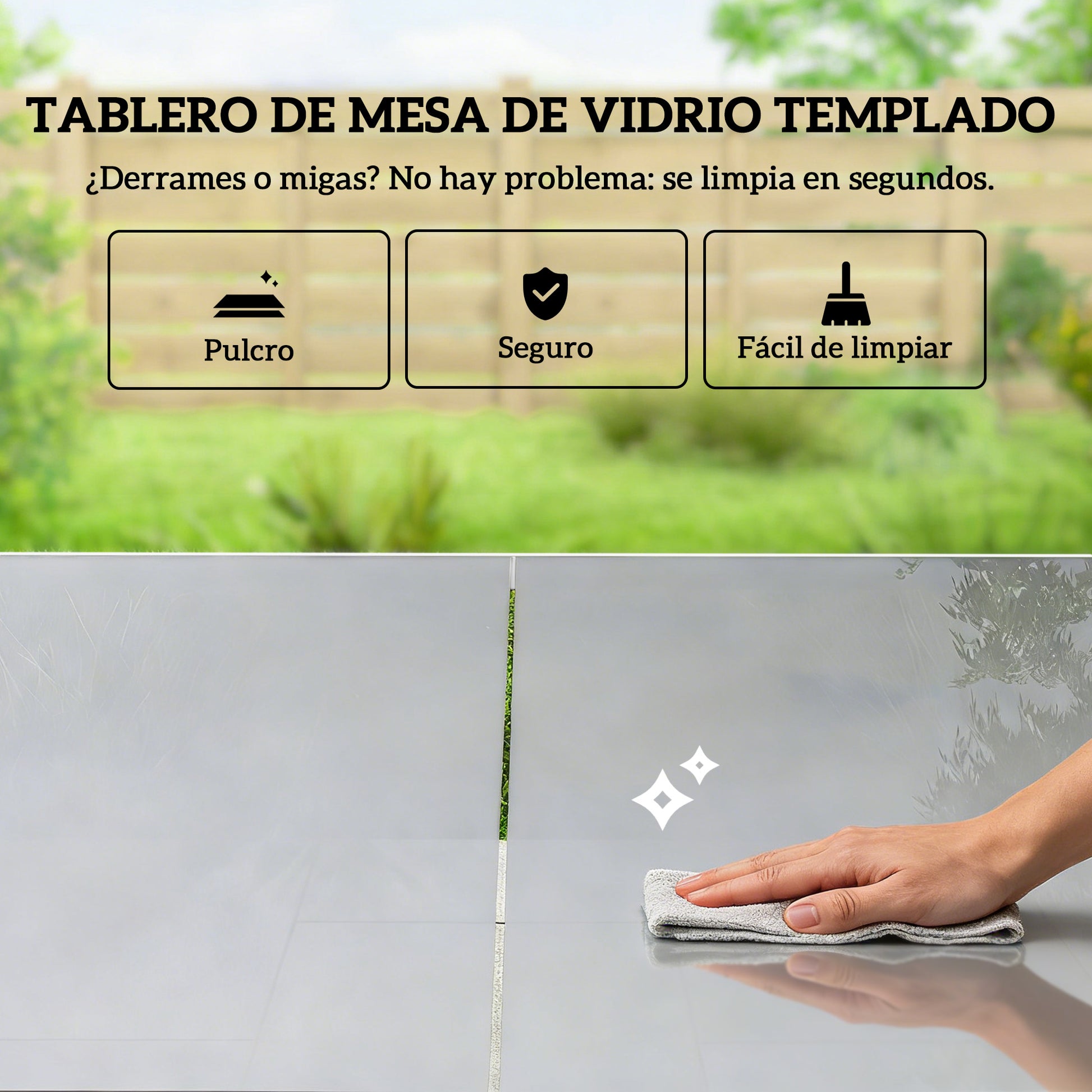 Outsunny Conjunto de Mesa y Sillas Jardín de 7 Piezas, Muebles Jardín Exterior con Mesa de Vidrio Templado, 6 Sillas Transpirables Decorativas, Marco de Acero Resistente a la Intemperie, Blanco y Gris