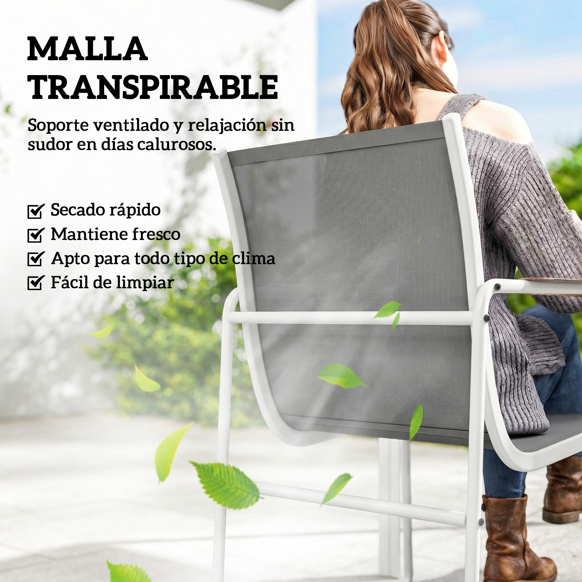 Outsunny Conjunto de Mesa y Sillas Jardín de 7 Piezas, Muebles Jardín Exterior con Mesa de Vidrio Templado, 6 Sillas Transpirables Decorativas, Marco de Acero Resistente a la Intemperie, Blanco y Gris