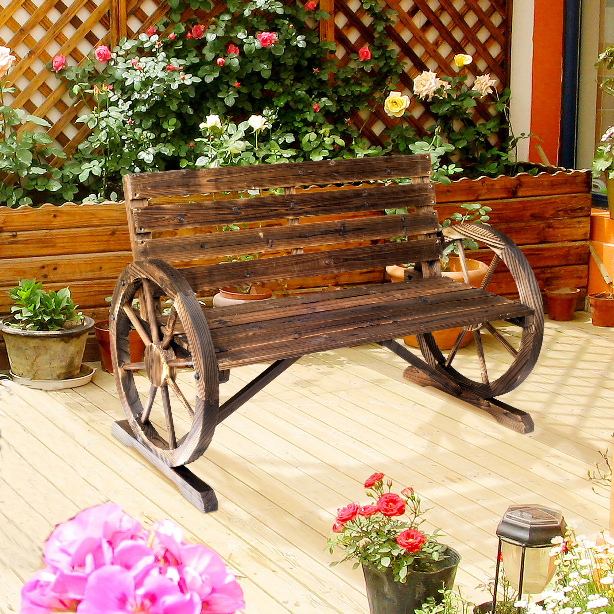 Outsunny Banco de Madera para Exteriores con Apoyabrazos en Forma de Rueda Aspecto Envejecido Jardín Balcón Terraza 105,5x59x75 cm Marrón Rústico