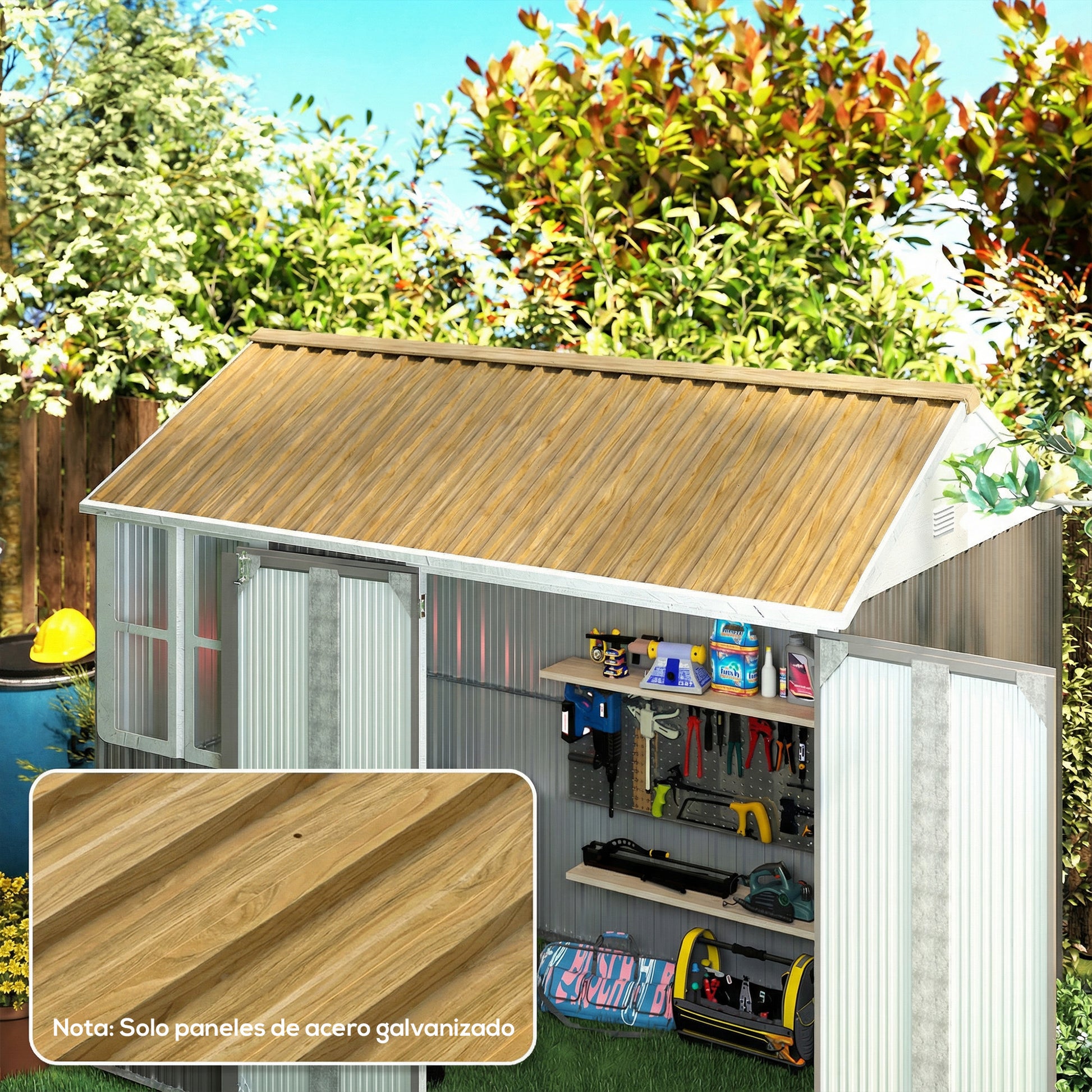 Outsunny 12x Paneles para Tejado de Acero Galvanizado, Chapas Perfiladas de Techo 7m², para Caseta de Herramientas, Cobertizo, Garaje, Exterior, 129x45cm, Madera Natural