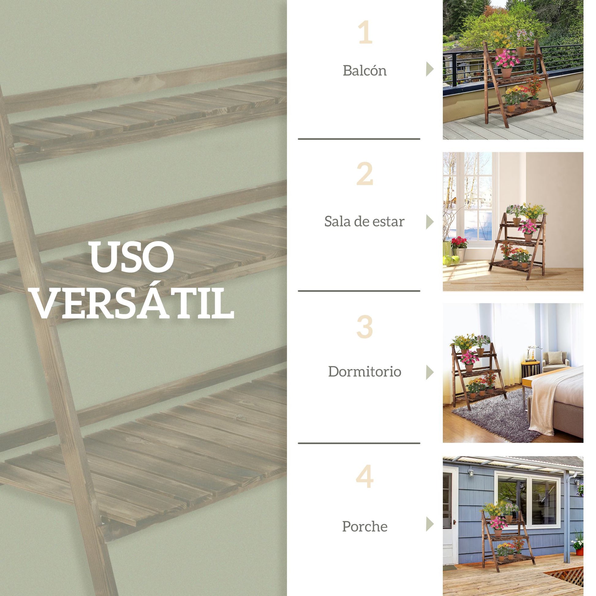 Outsunny Soporte para Plantas de Madera de 3 Niveles, Estantería para Plantas Plegable con Base de Listones, Soporte para Macetas para Interior y Exterior, Terraza, Jardín, 100x37x93 cm, Carbonizado