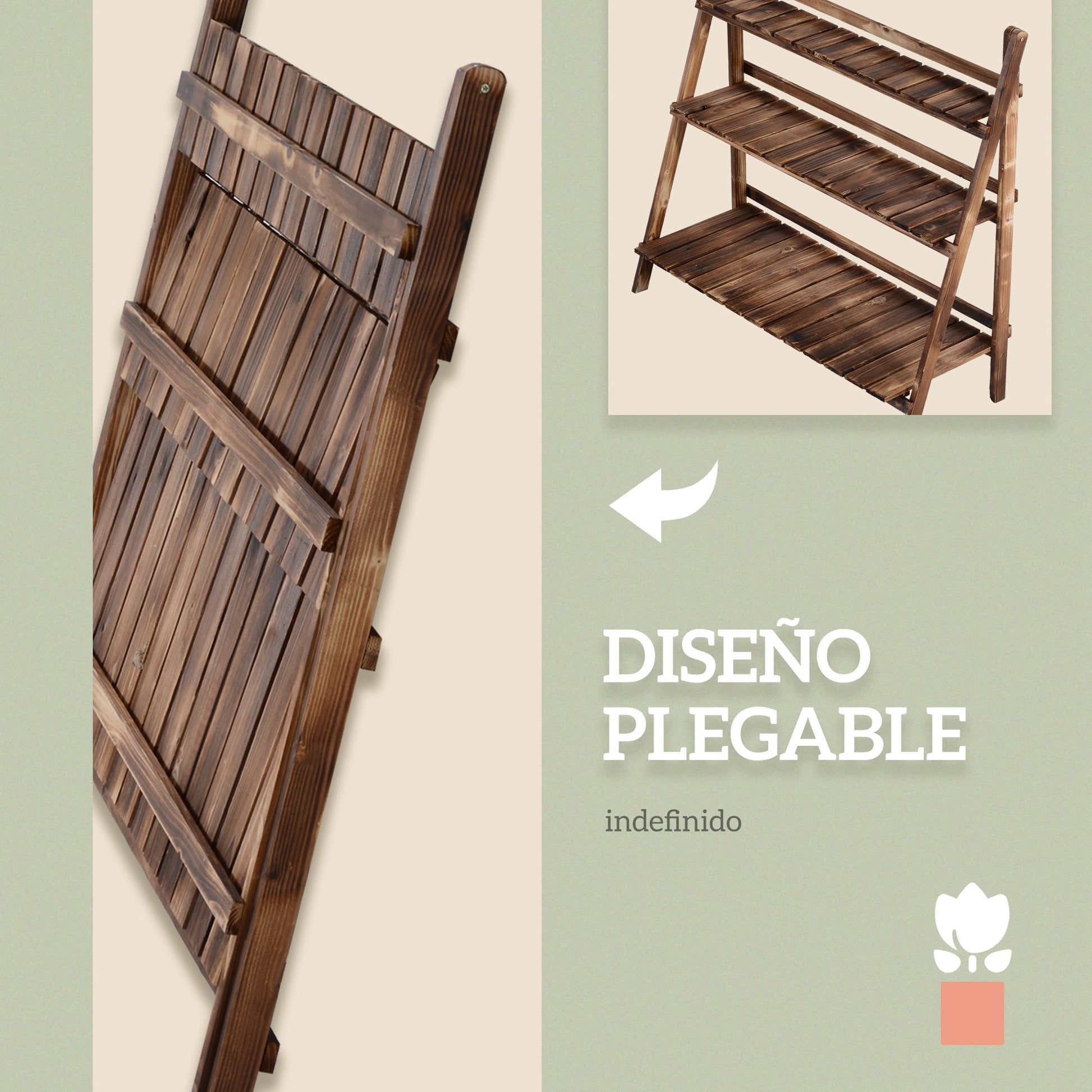 Outsunny Soporte para Plantas de Madera de 3 Niveles, Estantería para Plantas Plegable con Base de Listones, Soporte para Macetas para Interior y Exterior, Terraza, Jardín, 100x37x93 cm, Carbonizado