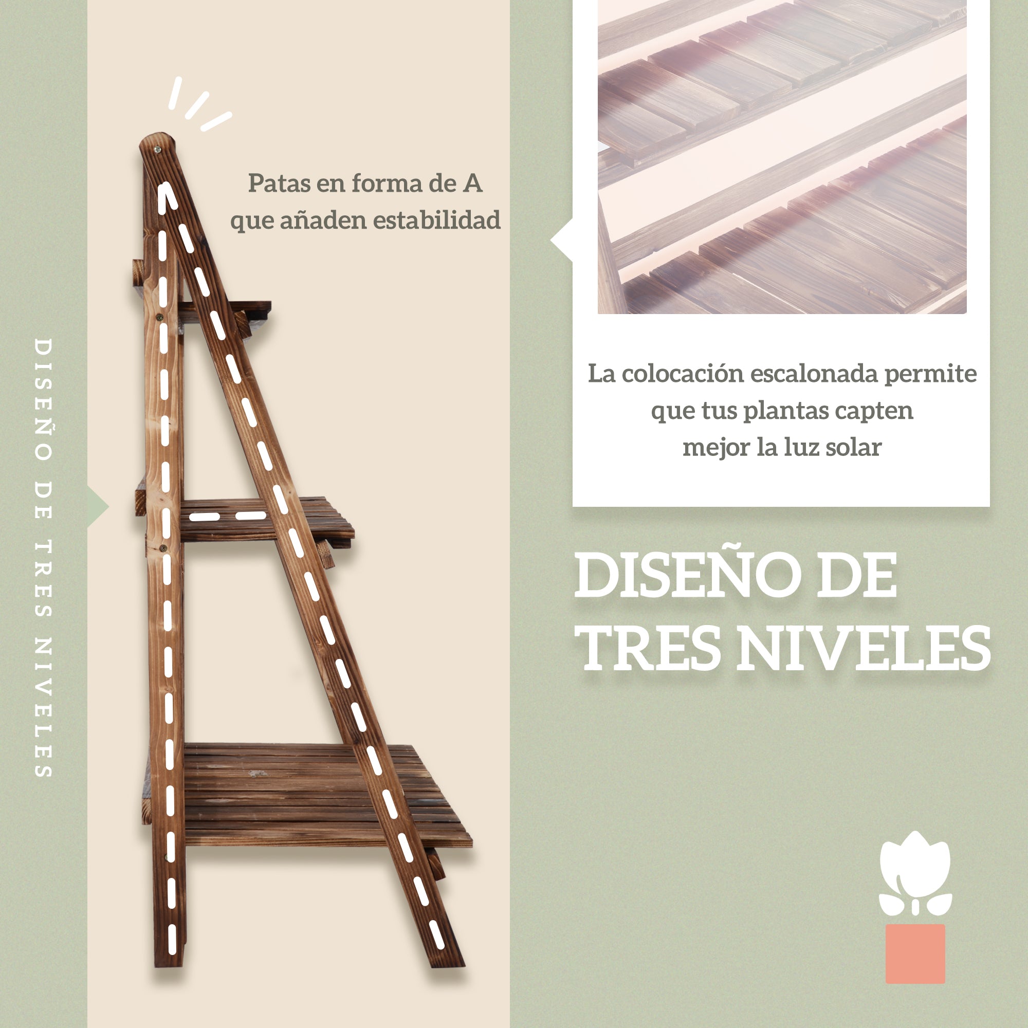 Outsunny Soporte para Plantas de Madera de 3 Niveles, Estantería para Plantas Plegable con Base de Listones, Soporte para Macetas para Interior y Exterior, Terraza, Jardín, 100x37x93 cm, Carbonizado