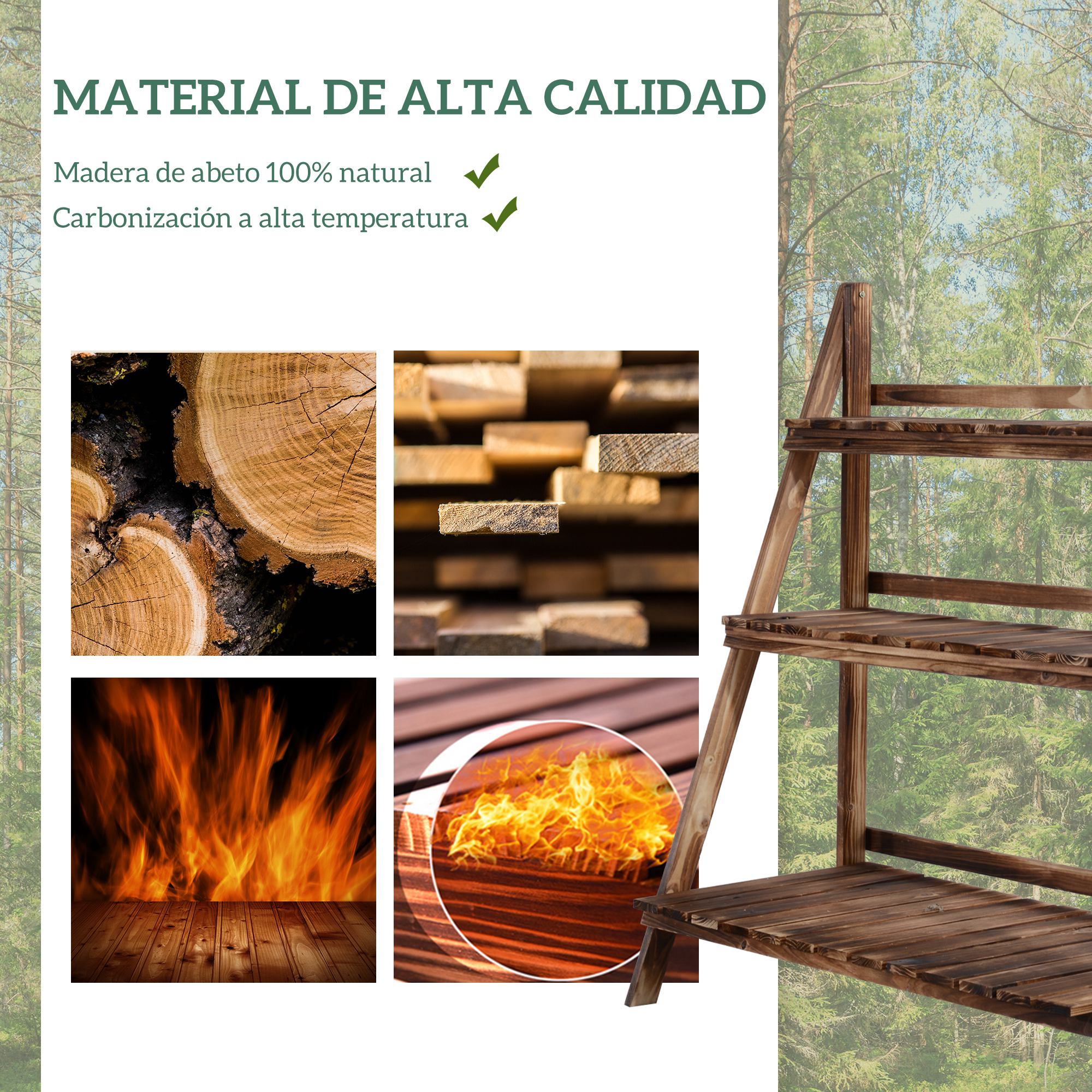 Outsunny Soporte para Plantas de Madera de 3 Niveles, Estantería para Plantas Plegable con Base de Listones, Soporte para Macetas para Interior y Exterior, Terraza, Jardín, 100x37x93 cm, Carbonizado