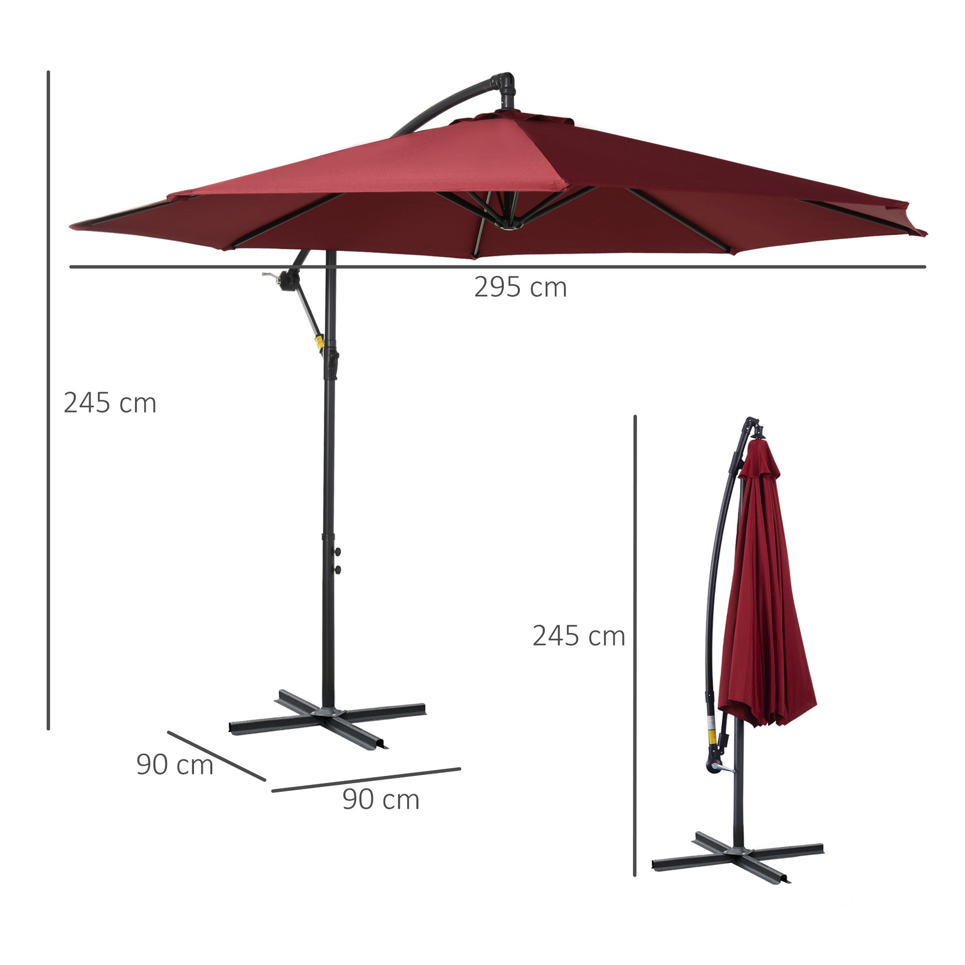 Outsunny Parasol Excéntrico Ø 295 cm Sombrilla de Jardín con Ángulo Ajustable Base Cruzada y Manivela Sombrilla para Terraza Patio Granate