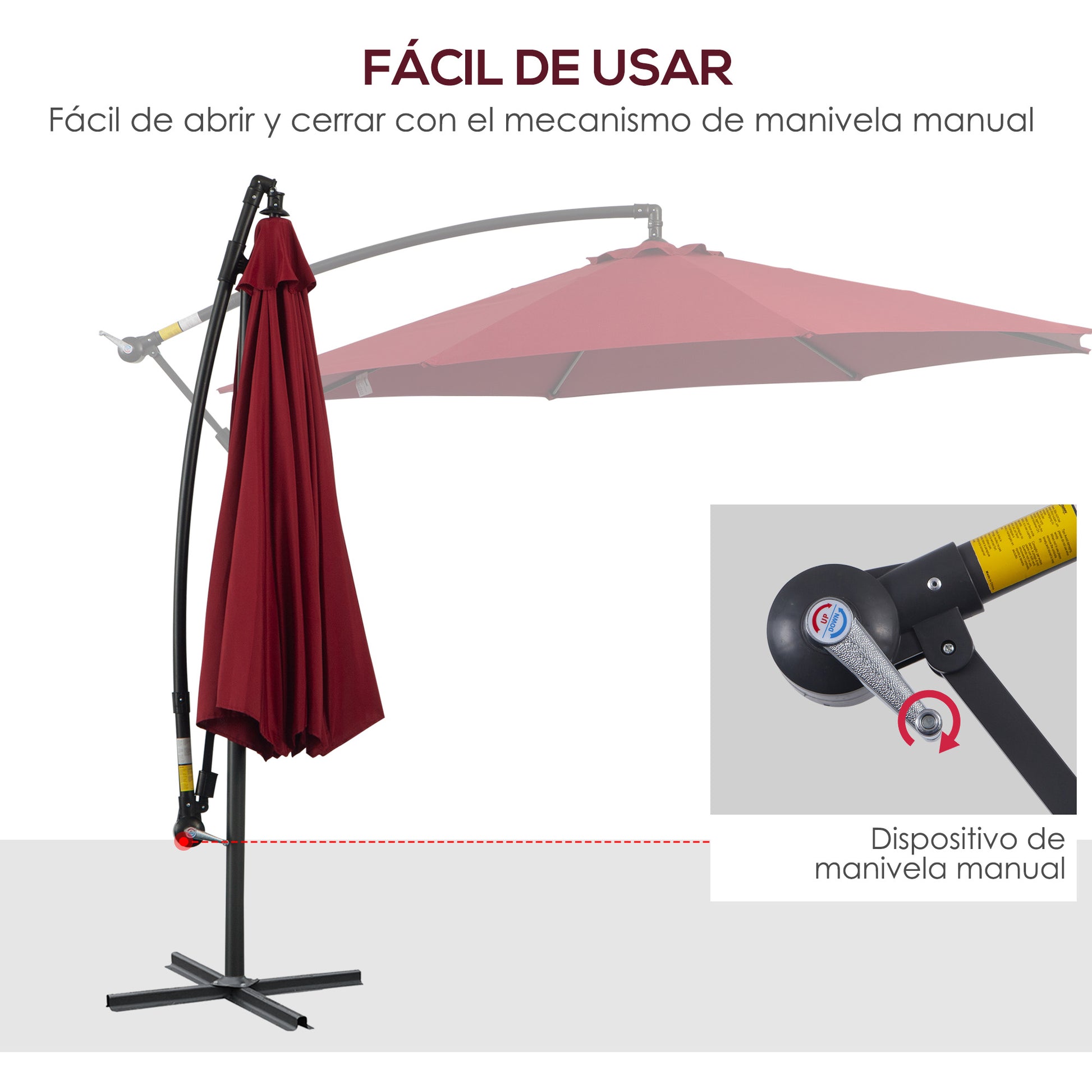Outsunny Parasol Excéntrico Ø 295 cm Sombrilla de Jardín con Ángulo Ajustable Base Cruzada y Manivela Sombrilla para Terraza Patio Granate