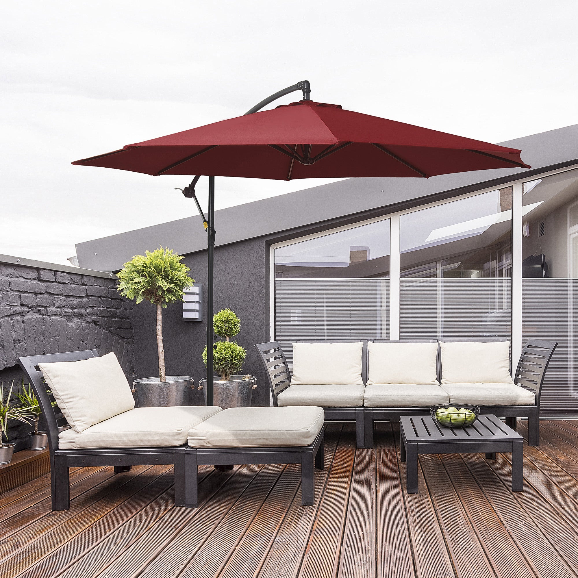 Outsunny Parasol Excéntrico Ø 295 cm Sombrilla de Jardín con Ángulo Ajustable Base Cruzada y Manivela Sombrilla para Terraza Patio Granate