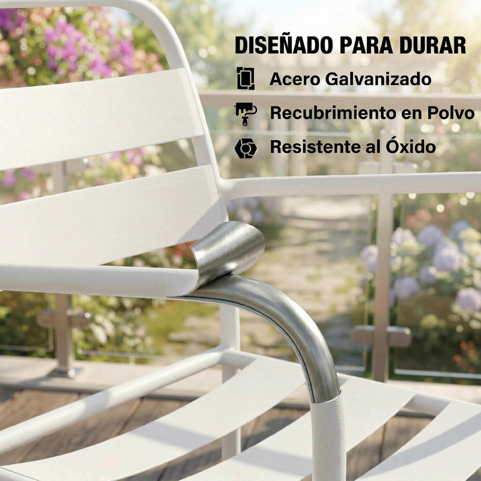 Outsunny Conjunto de Jardín Exterior de 3 Piezas, Muebles Jardín Exterior de Acero Galvanizado con 2 Sillas y Mesa de Vidrio Templado, Resistente a la Intemperie, para Balcón, Patio, Blanco