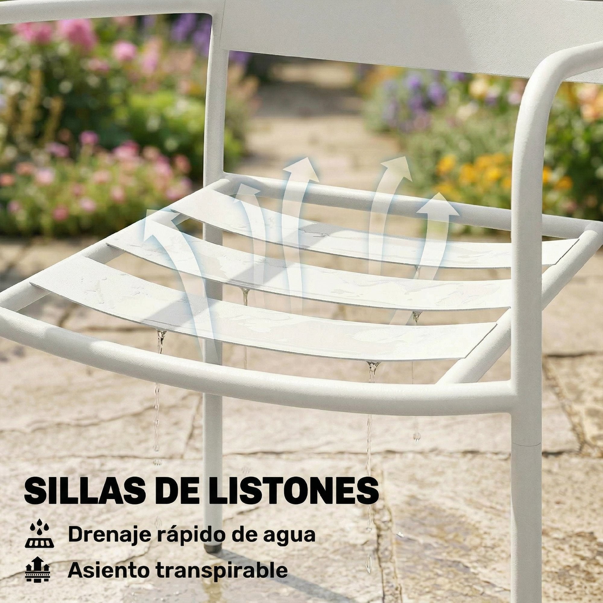 Outsunny Conjunto de Jardín Exterior de 3 Piezas, Muebles Jardín Exterior de Acero Galvanizado con 2 Sillas y Mesa de Vidrio Templado, Resistente a la Intemperie, para Balcón, Patio, Blanco